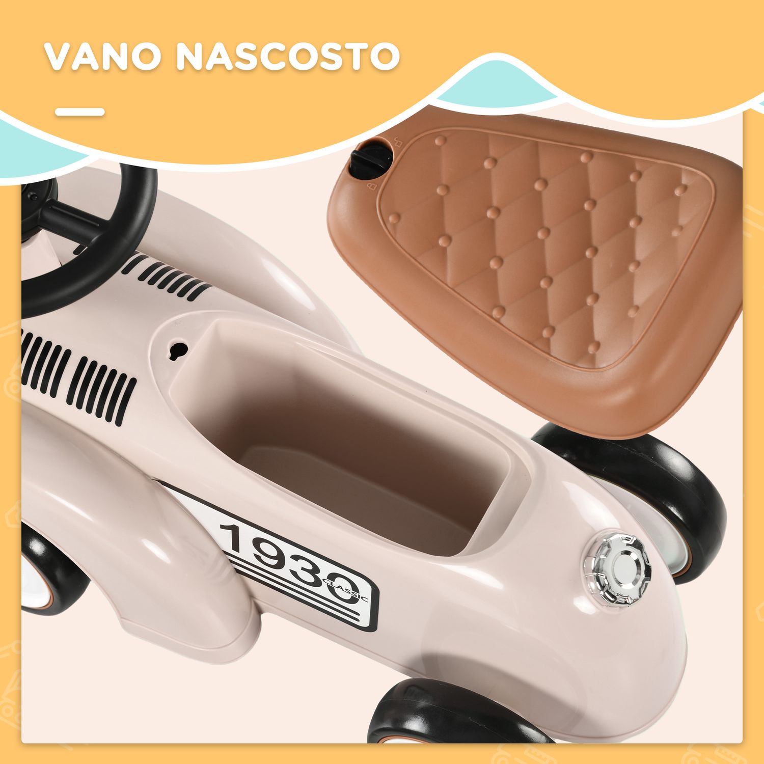 Macchina per bambini 12-36 mesi con clacson e vano portaoggetti a scomparsa, in pp e metallo, 58x27x35 cm - 