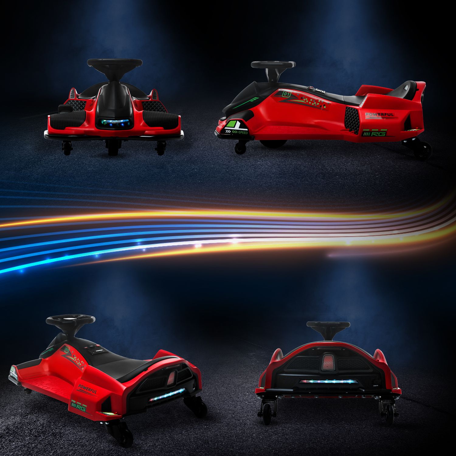 Go kart elettrico per bambini 8-12 anni velocità 3-8 km/h per drifting con luci e musica, rosso - 