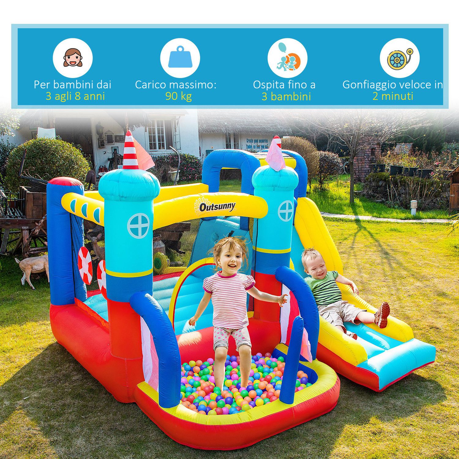Castello gonfiabile 4 in 1 bimbi 3-8 anni, scivolo e piscina, 265x260x200cm - 