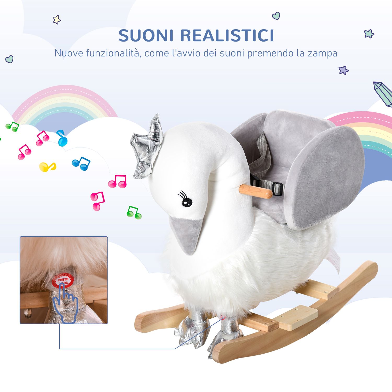 Cavallo a dondolo per bambini a forma di cigno, dondolo giocattolo cavalcabile per bambini 18-36 mesi  in legno di pioppo e peluche, bianco e grigio - 