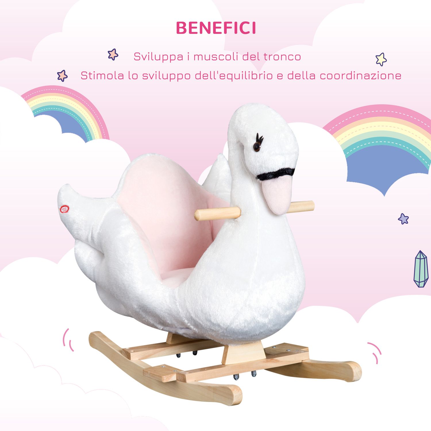 Cavallo a dondolo a forma di cigno con musica, struttura in metallo e legno, rivestimento peluche, 60x32x55cm, bianco - 