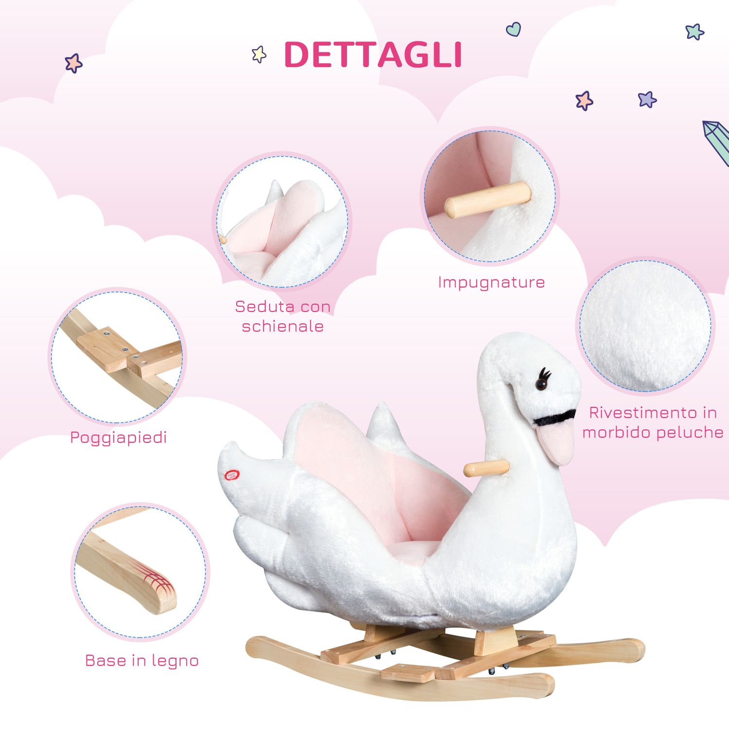 Cavallo a dondolo a forma di cigno con musica, struttura in metallo e legno, rivestimento peluche, 60x32x55cm, bianco - 