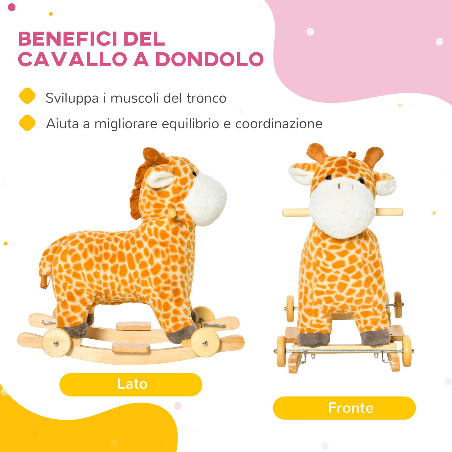 Cavallo a dondolo per bambini 3-6 anni a giraffa con ruote e suoni, 63x38x63cm, giallo - 