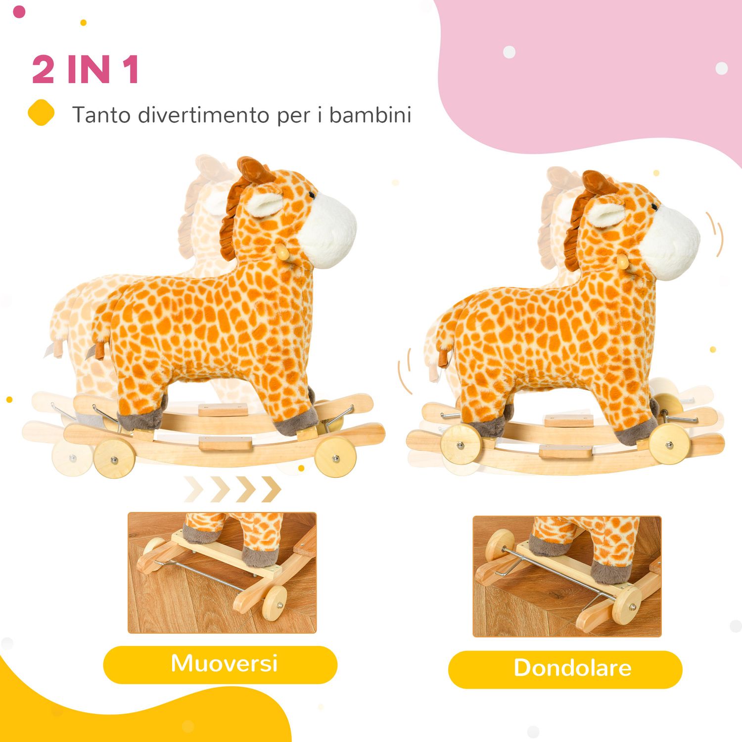 Cavallo a dondolo per bambini 3-6 anni a giraffa con ruote e suoni, 63x38x63cm, giallo - 