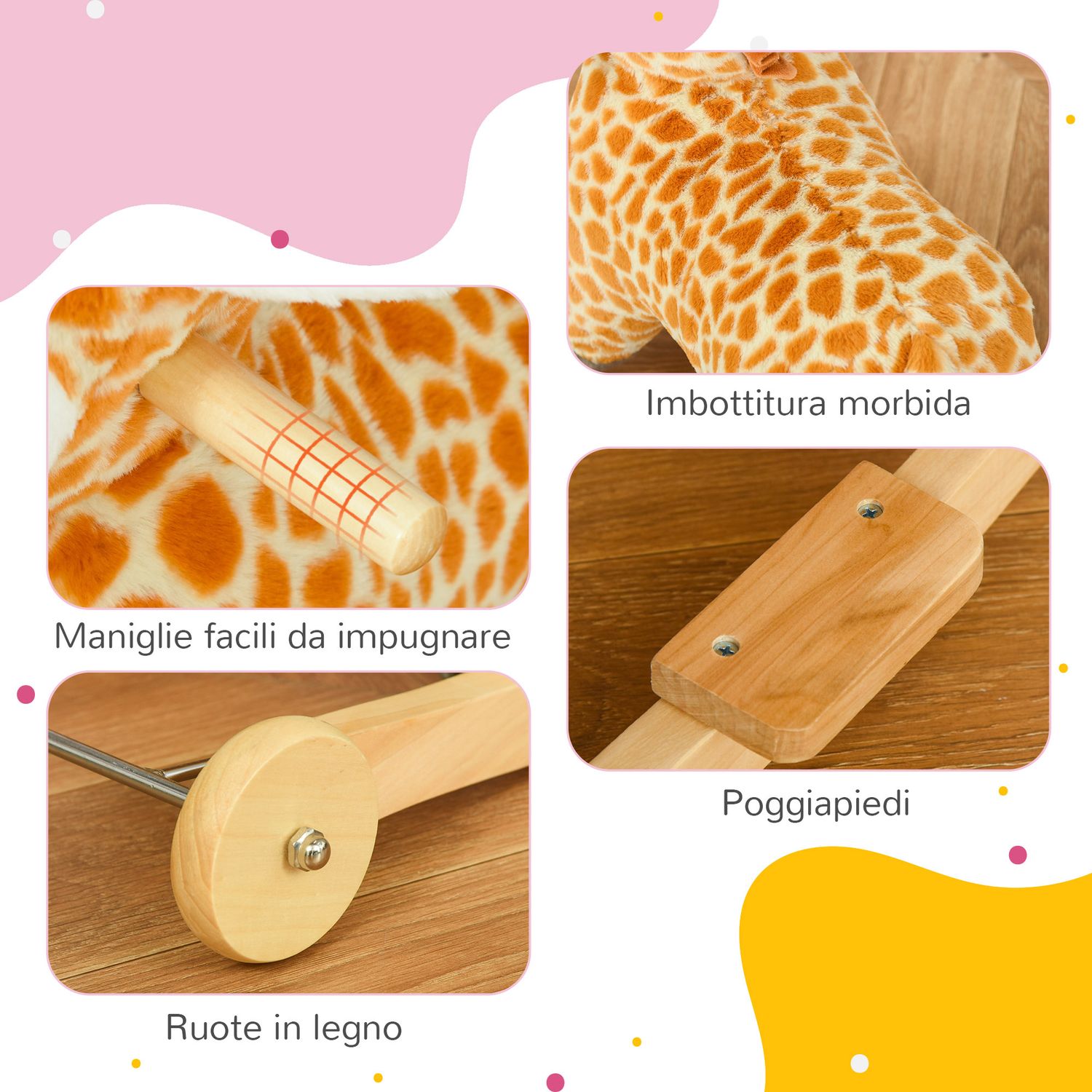 Cavallo a dondolo per bambini 3-6 anni a giraffa con ruote e suoni, 63x38x63cm, giallo - 