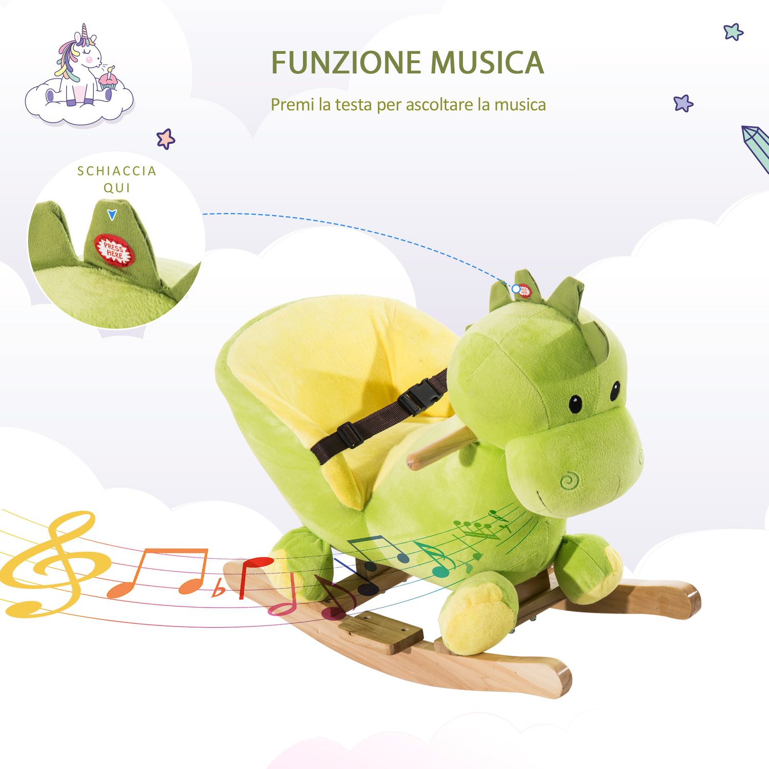 Cavallo a dondolo in legno dinosauro per i bambini 60x33x45cm - 