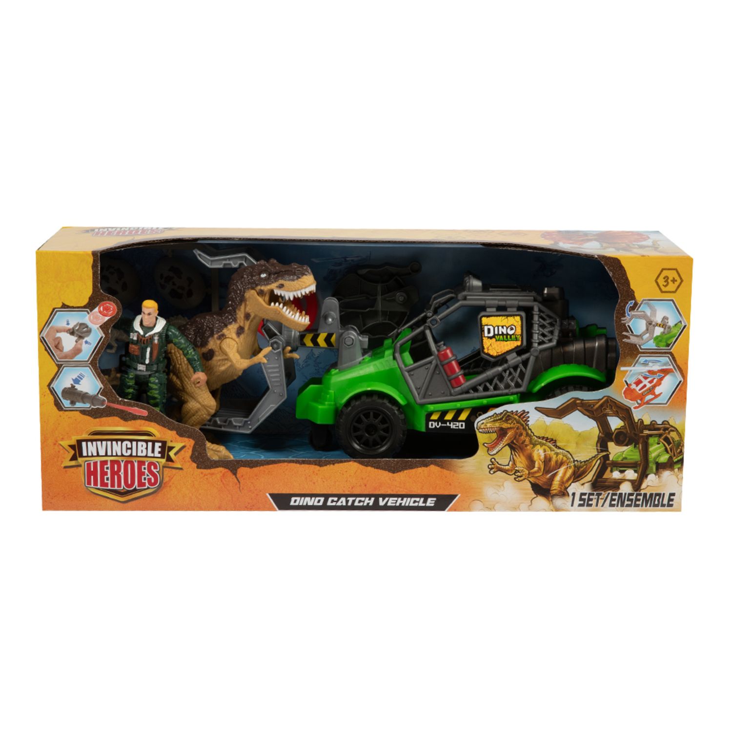 Dino valley – set assortito cattura dinosauro con veicoli e figure - INVINCIBLE HEROS