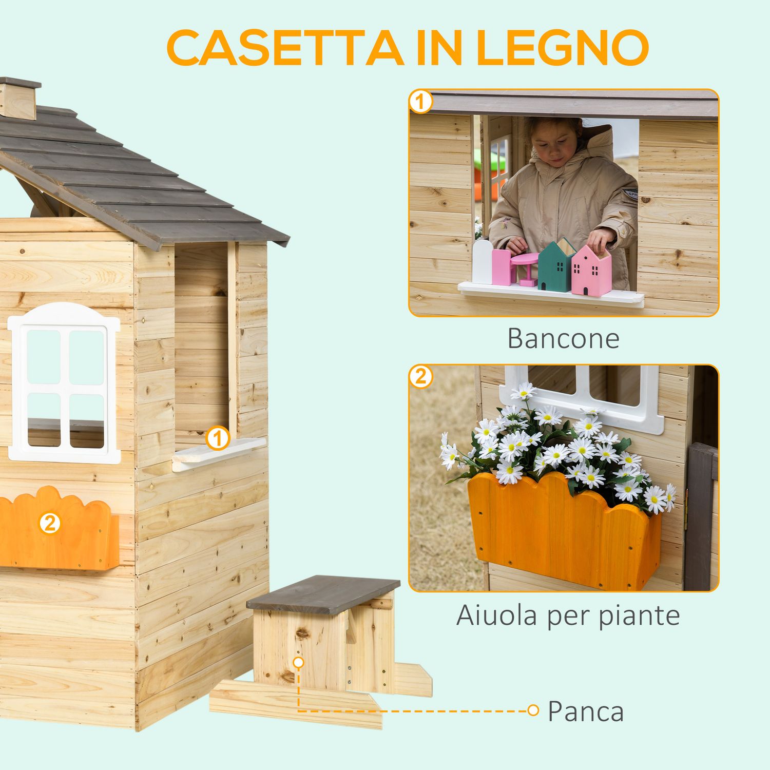 Casetta bimbi 3-7 anni a 2 finestre con portavasi e panchina, in legno di abete e pp, 113lx94x134.5 cm - 