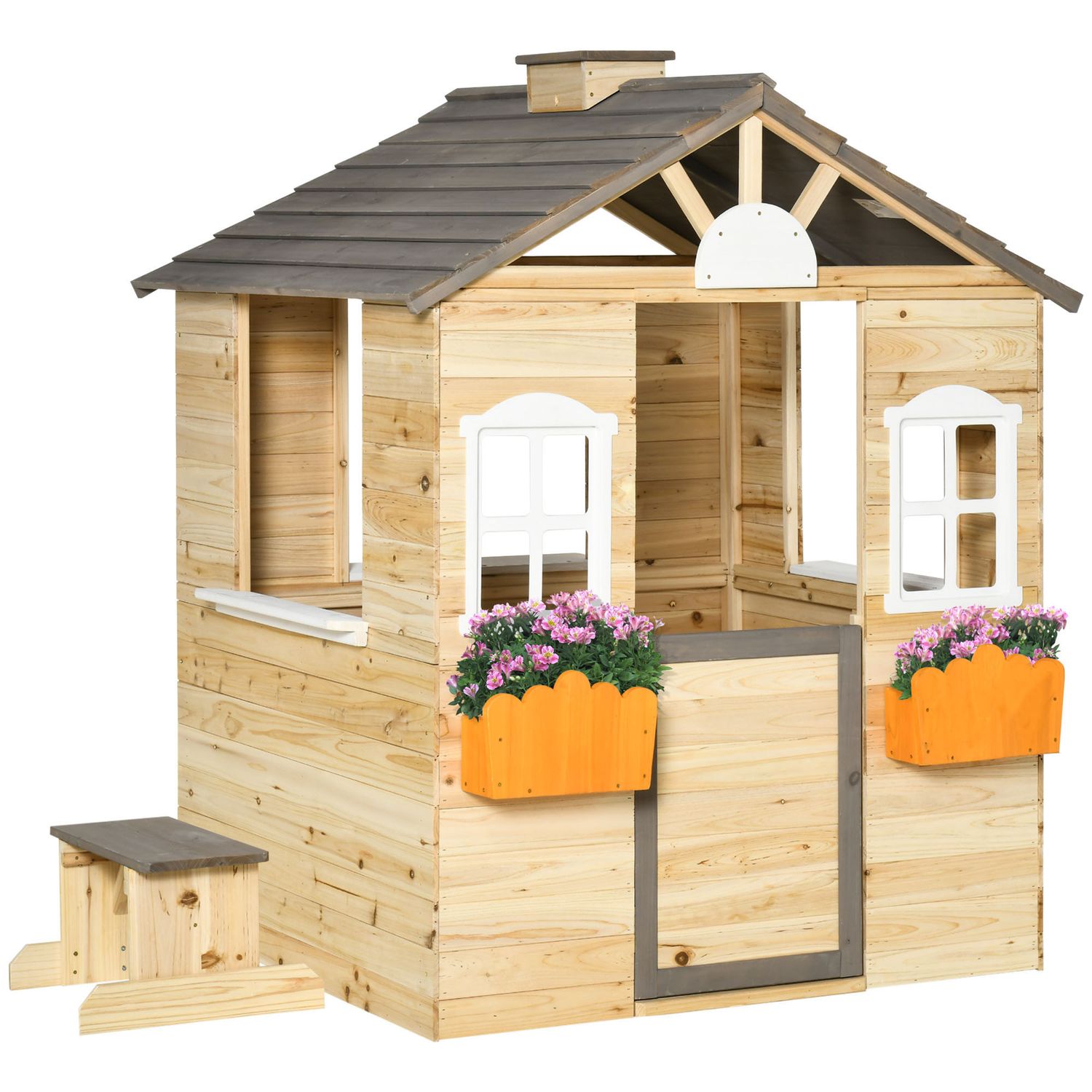 Casetta bimbi 3-7 anni a 2 finestre con portavasi e panchina, in legno di abete e pp, 113lx94x134.5 cm - 
