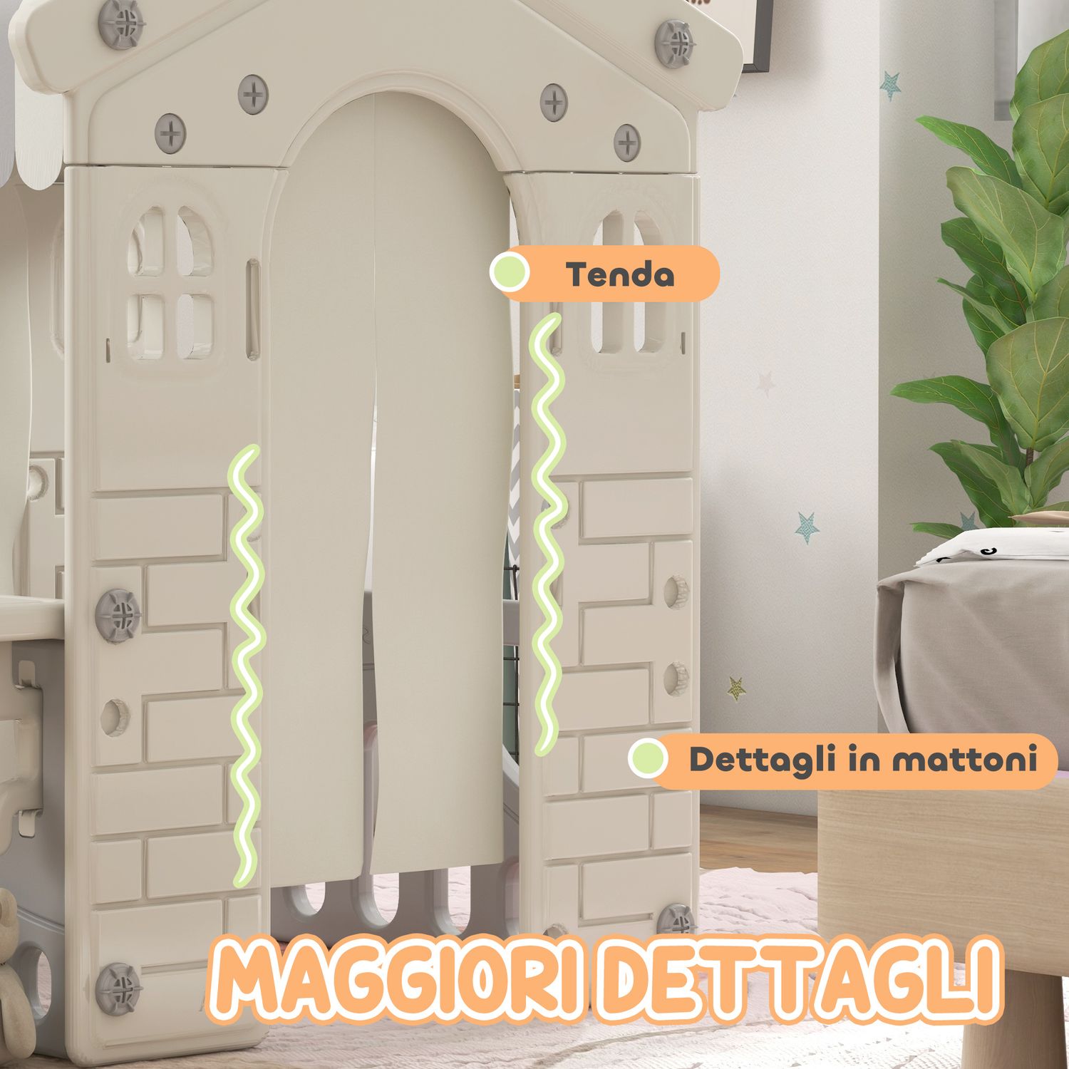 Casetta per bambini 1-6 anni da interno con porte, finestre e bancone da negozio, crema - 