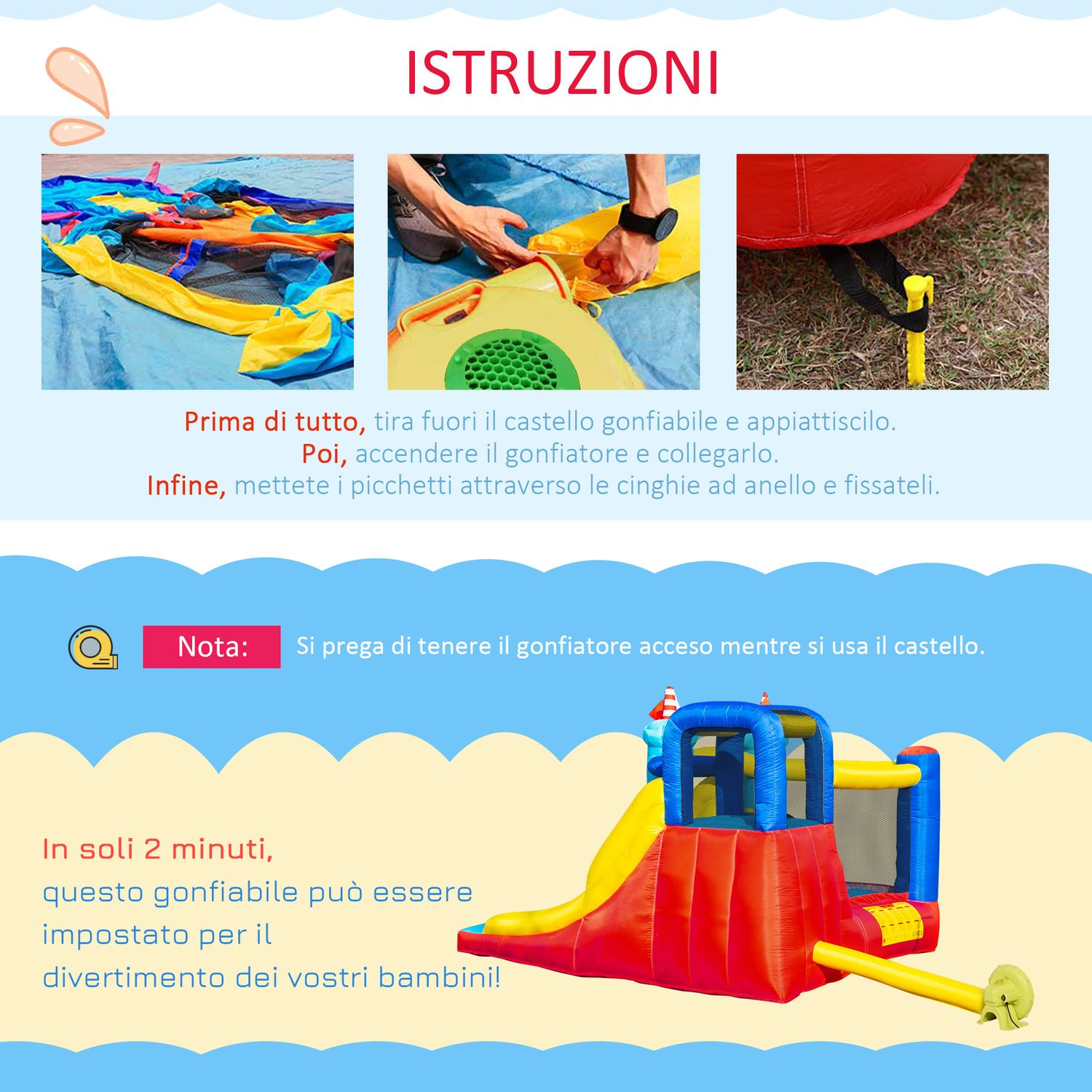 Castello gonfiabile 4 in 1 bimbi 3-8 anni, scivolo e piscina, 265x260x200cm - 