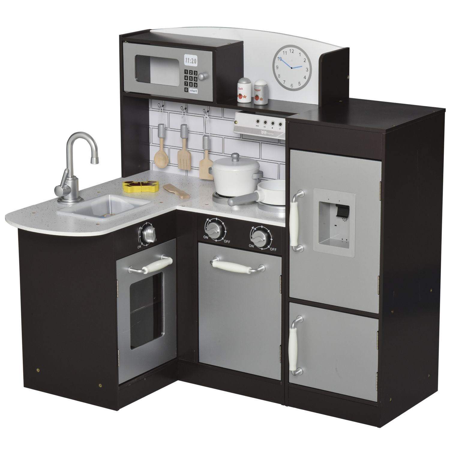 Cucina giocattolo per bambini in legno con 14 accessori, forno, lavandino, frigo e microonde, età 3+ anni, 86x64x84.5cm, argento e marrone - 