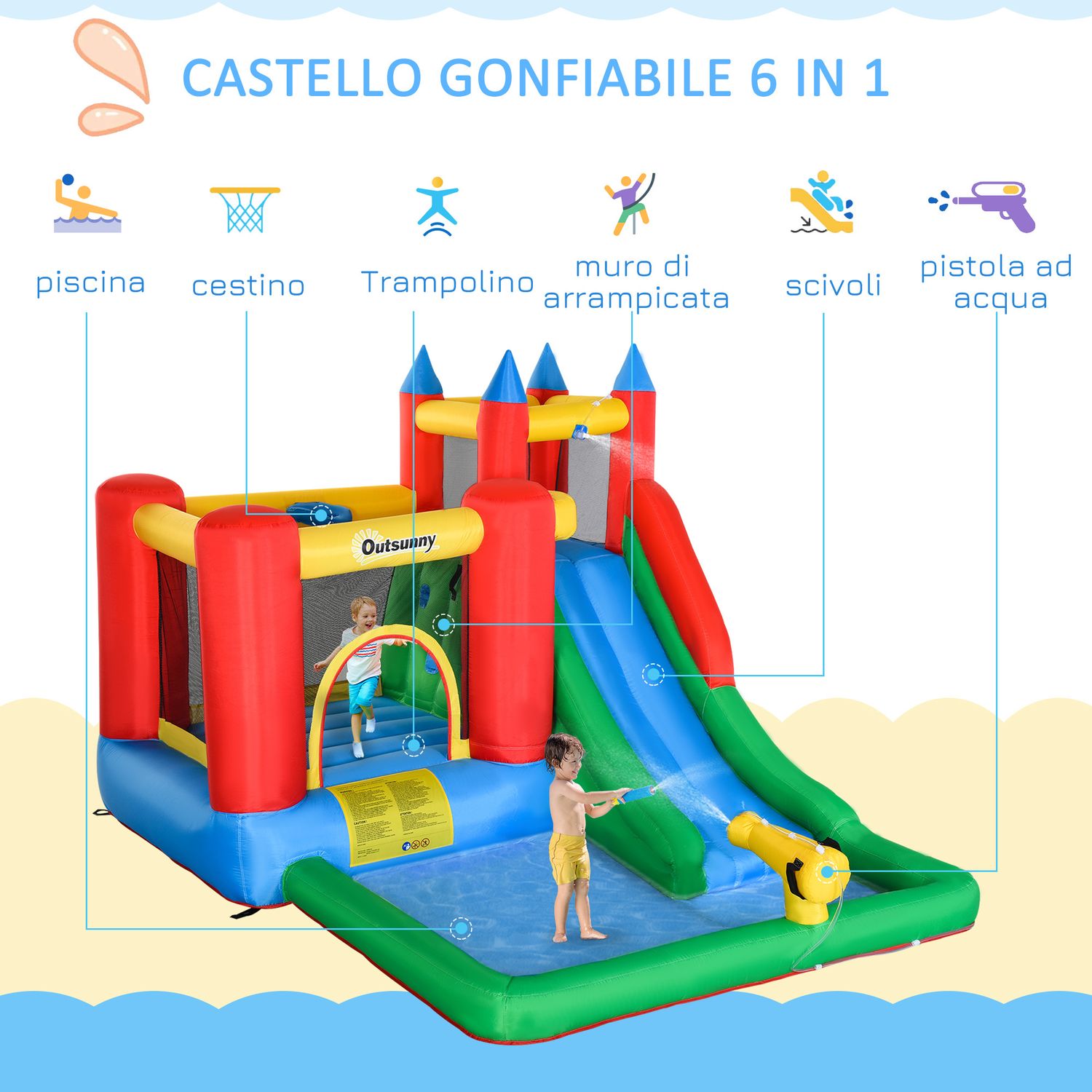Gioco gonfiabile per bambini 3-8 anni con scivolo, trampolino, piscina, max 4 bambini, 330x245x215cm - 