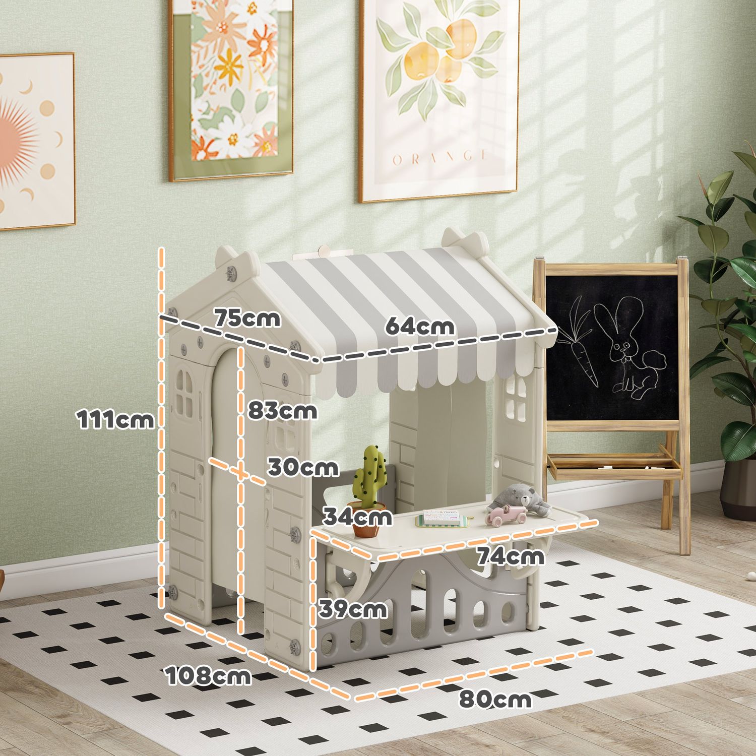 Casetta per bambini 1-6 anni da interno con porte, finestre e bancone da negozio, crema - 
