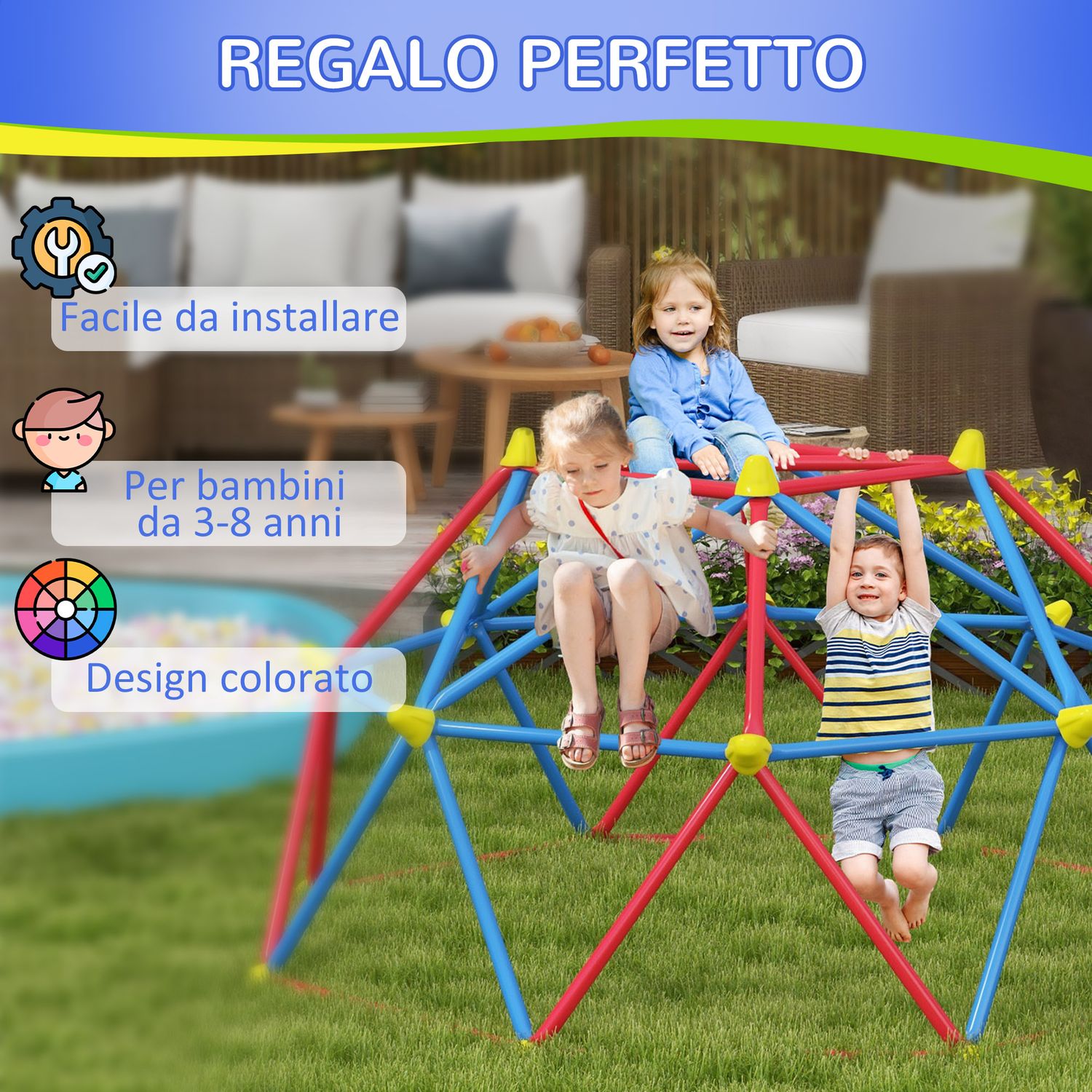 Cupola per arrampicata bambini 3-8 anni, struttura in metallo per 4 bimbi, ø183x90cm, multicolore - 