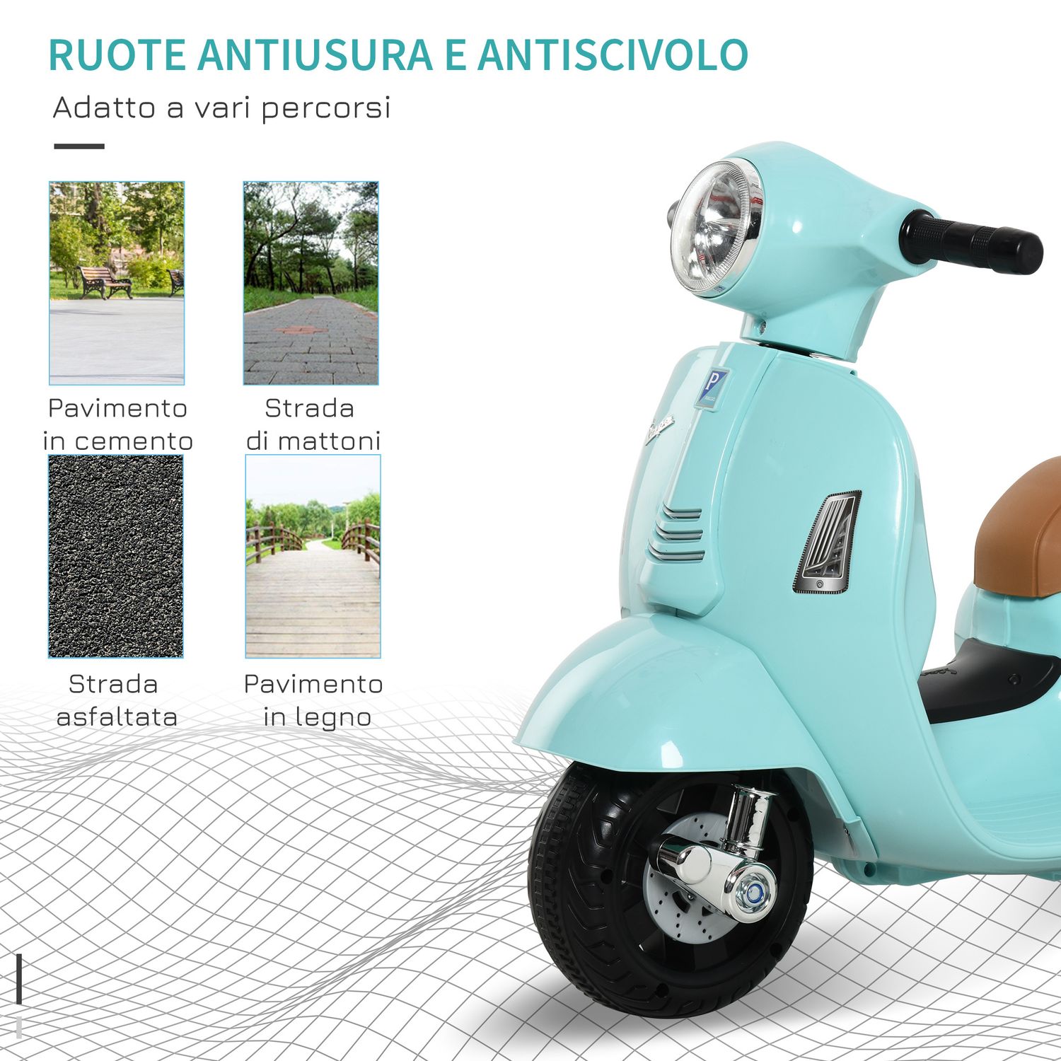 Moto elettrica per bambini con licenza ufficiale vespa batteria 6v, fari e clacson, per bimbi da 18-36 mesi, verde, 66.5x38x52cm - 