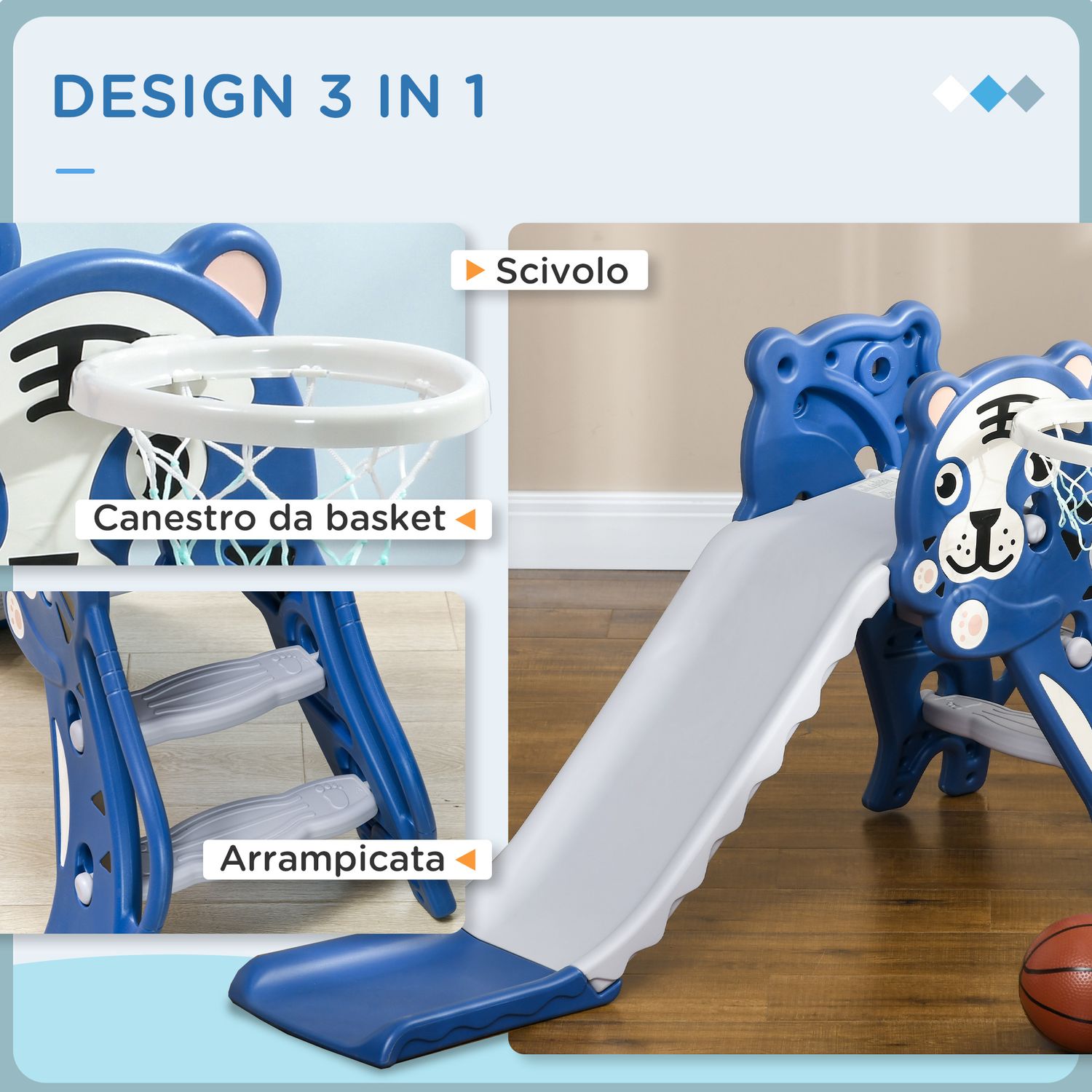 Scivolo per bambini 18-36 mesi con canestro da basket laterale in pe, 133x60x70 cm, blu e grigio - 