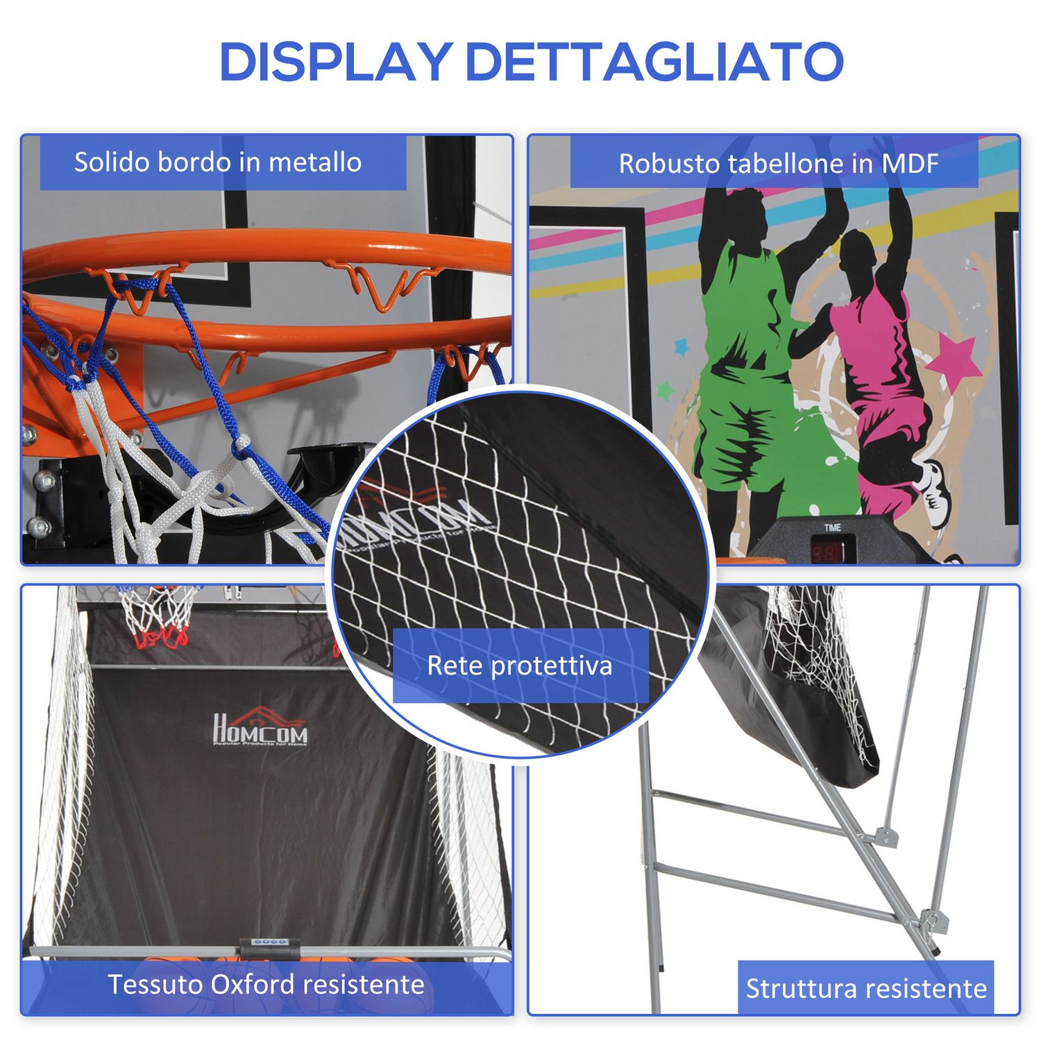 Canestri basket con tabellone led, 4 palloni e 8 modalità di gioco, 205x110x205 cm, bianco e nero - 