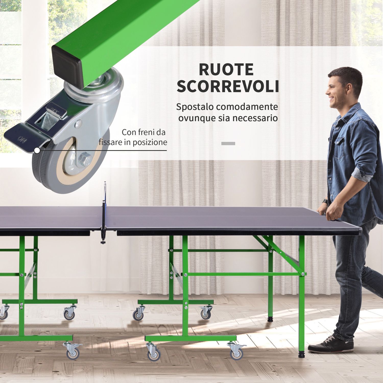 Tavolo da ping pong pieghevole interno con 8 ruote 152.5 × 274 × 76cm - 