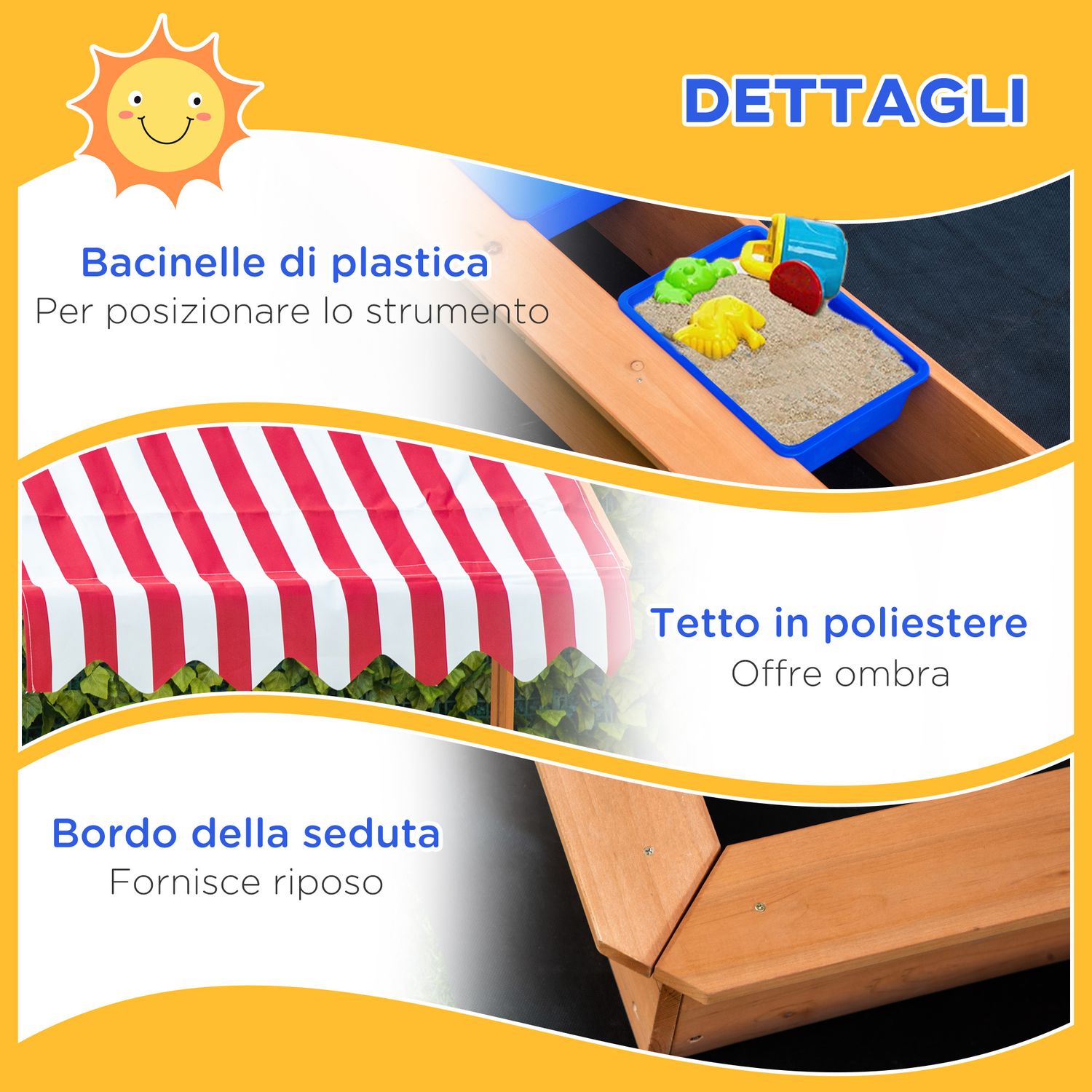 Sabbiera per bambini in legno con tettuccio regolabile, sedute e vaschette, 107.5x107.5x100 cm - 