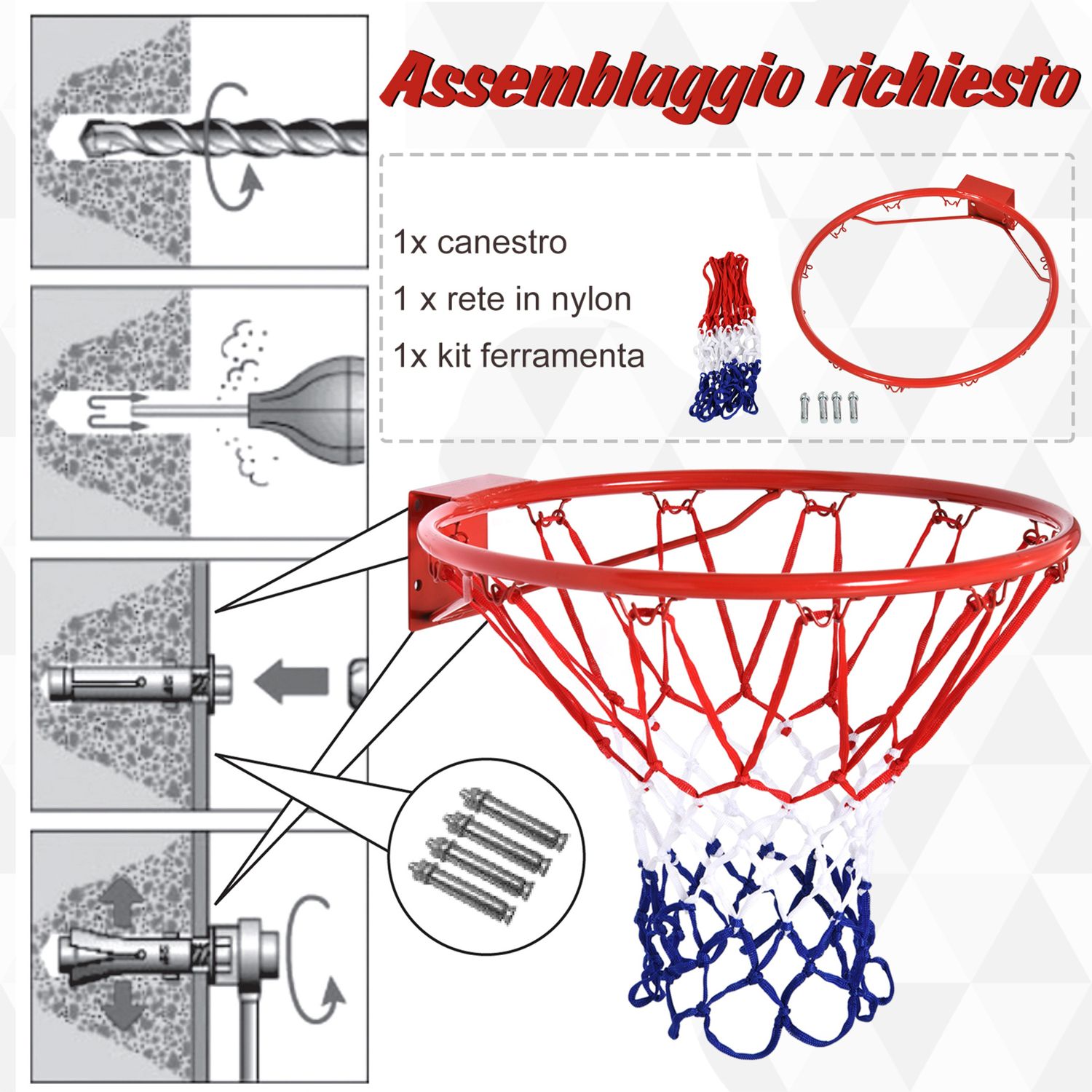 Canestro basket da muro in ferro con rete in nylon per esterno e interno, φ46cm - 