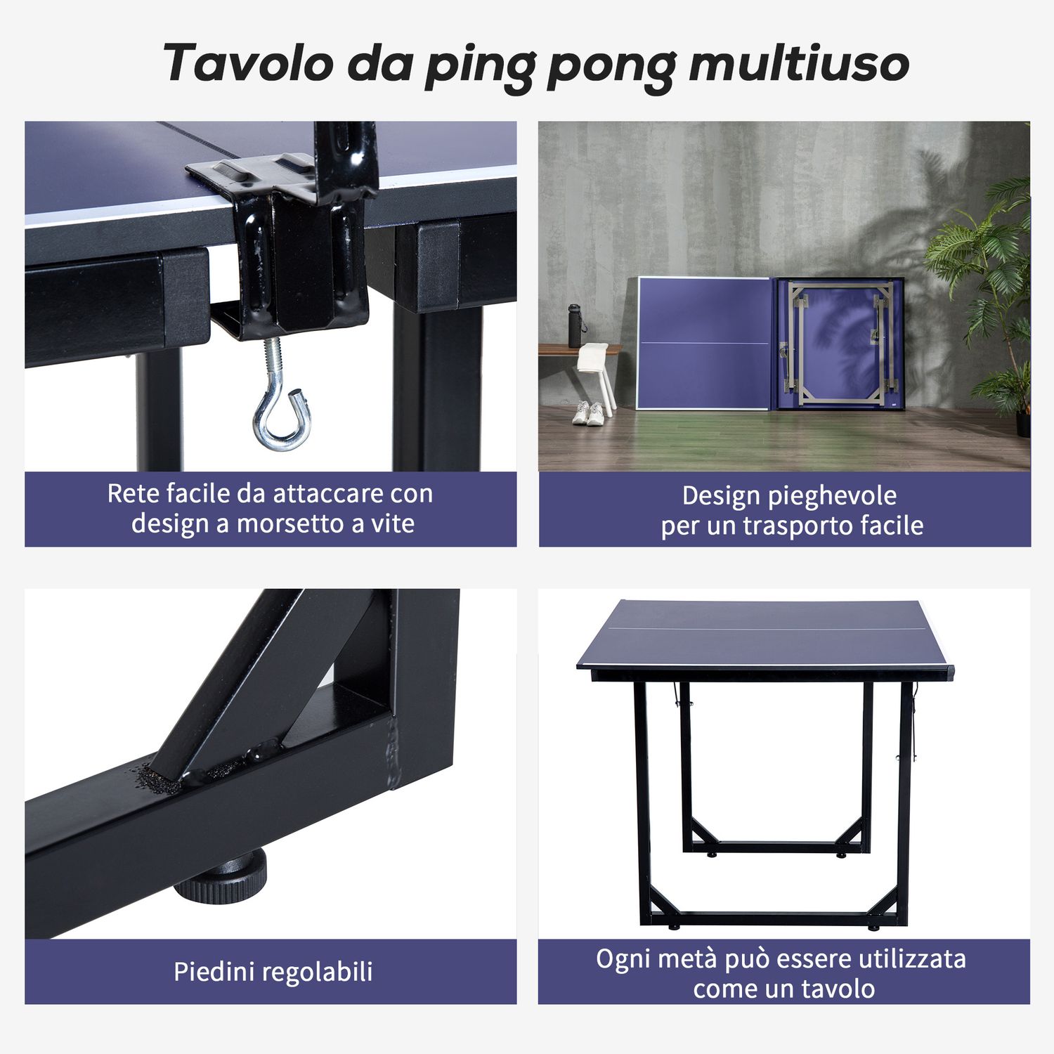Tavolo da ping pong pieghevole e salvaspazio con rete da gioco per interno, in acciaio e mdf, 182x91x76cm, blu - 