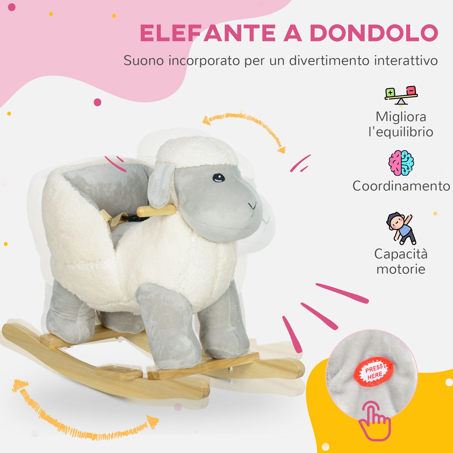 Cavallo a dondolo per bambini 18-36 mesi a forma di pecorella con suoni e rivestimento morbido, grigio - 
