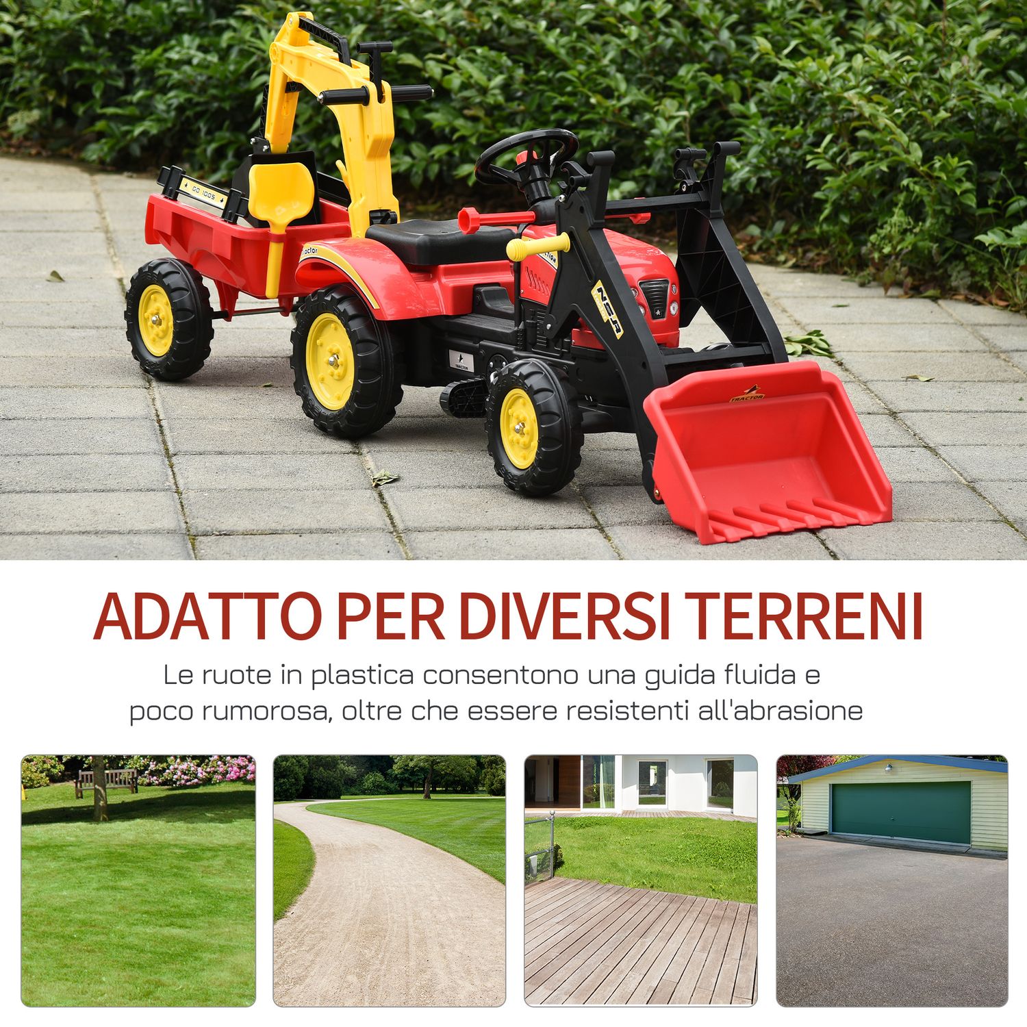 Ruspa giocattolo a pedali, escavatore cavalcabile per bambini con pale e volante, 179x42x59cm multicolore - 