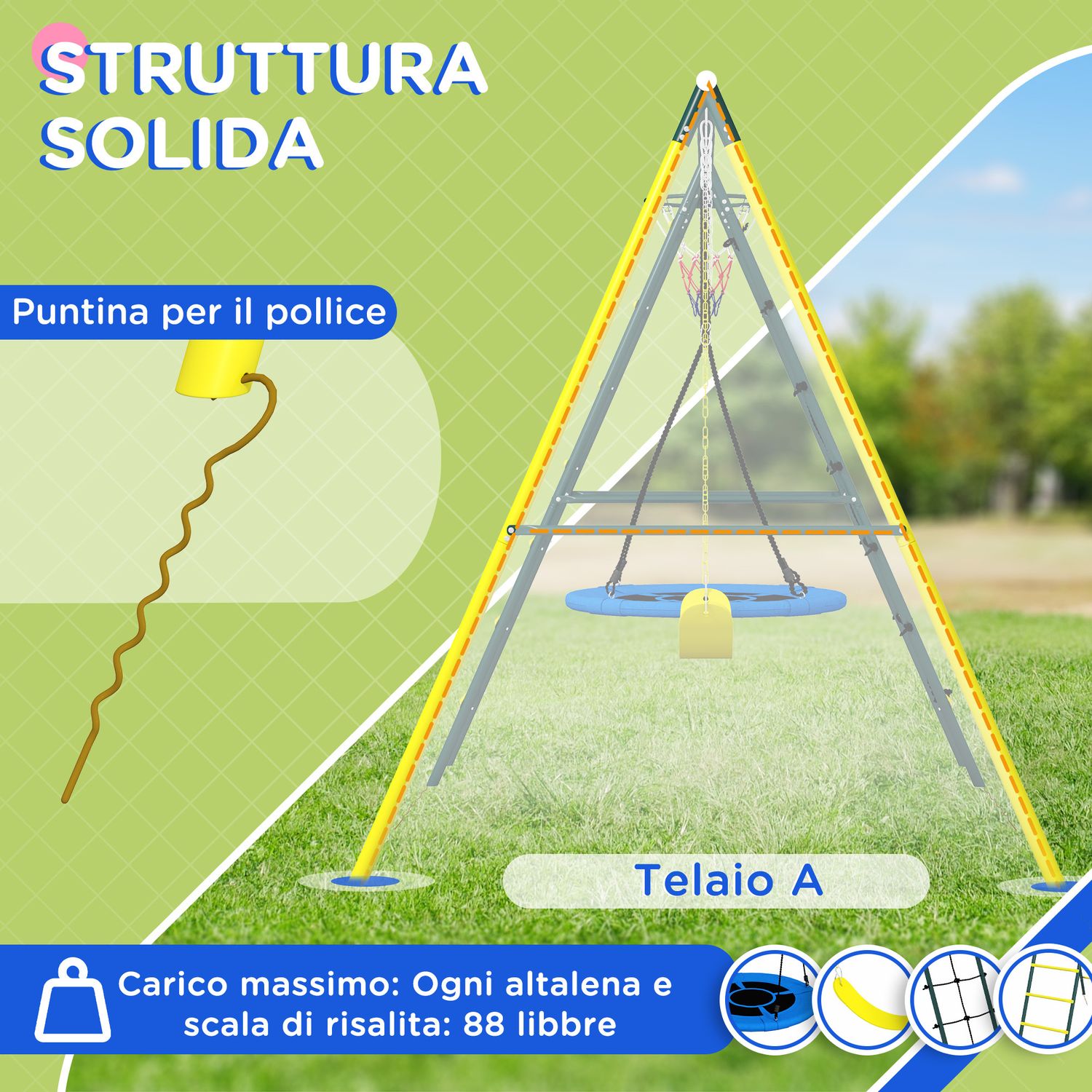 Set altalene da giardino rotonda e classica, scalette in acciaio e corda e canestro per bambini 3-8 anni - 