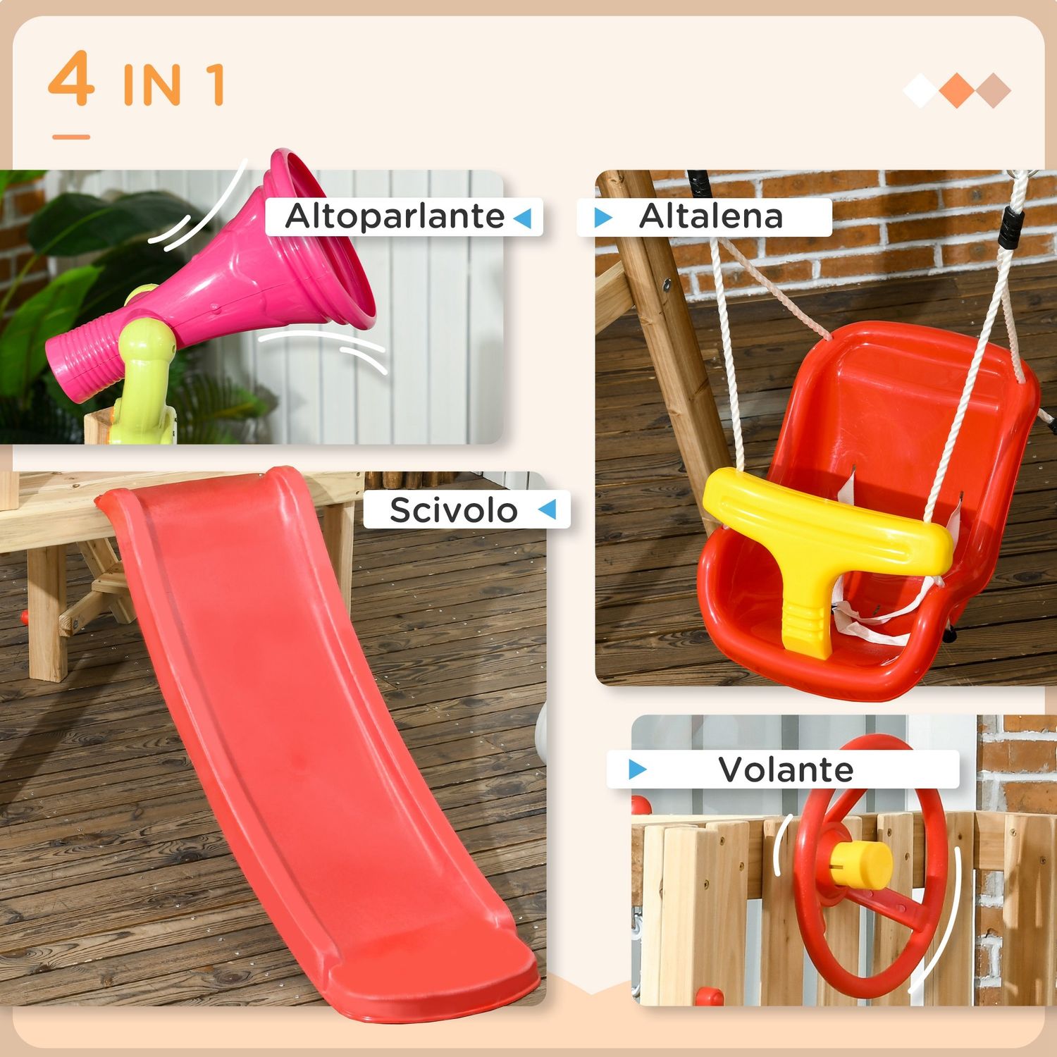 Set con scivolo e altalena da giardino per bambini età 18-48 mesi, in legno e plastica, rosso - 