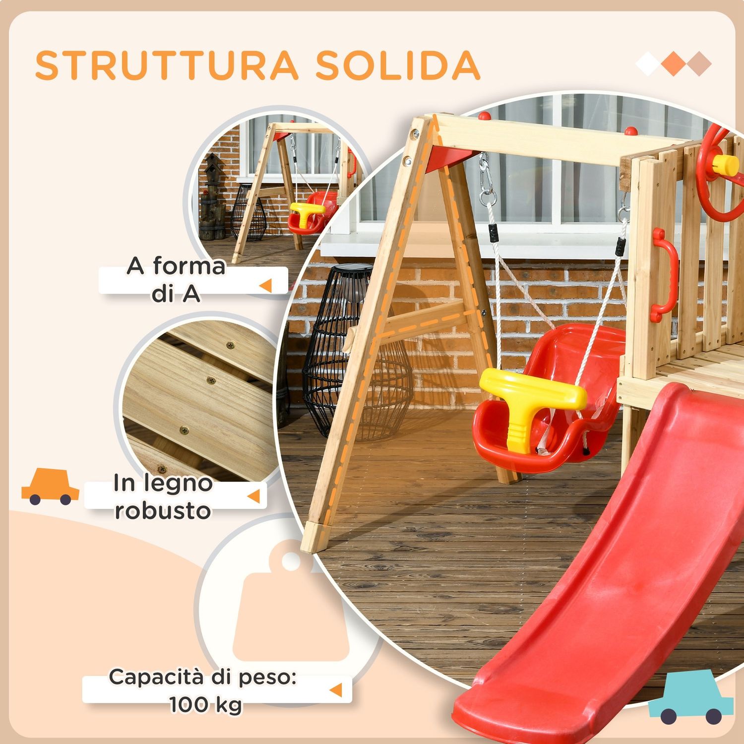 Set con scivolo e altalena da giardino per bambini età 18-48 mesi, in legno e plastica, rosso - 