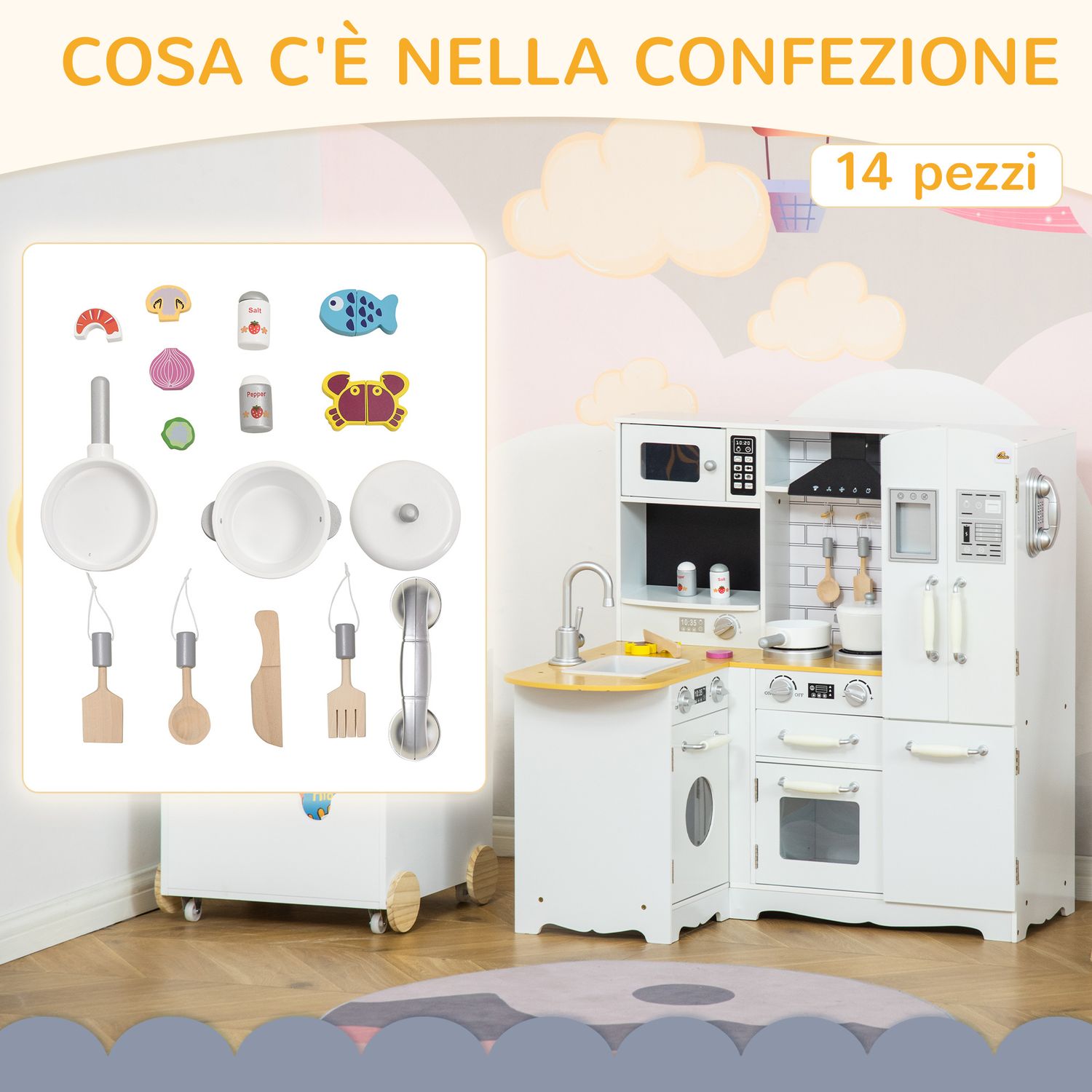 Cucina giocattolo in legno per bambini 3-6 anni con 14 accessori, forno e lavandino, 82x65x87 cm, bianco - 