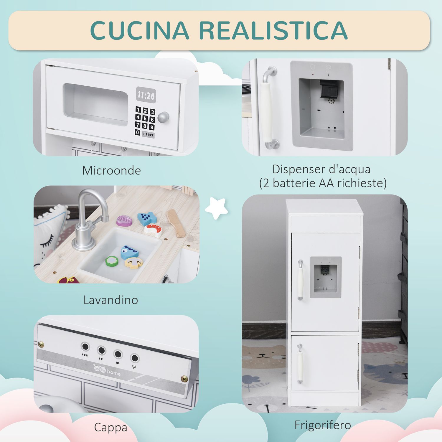 Cucina giocattolo per bambini in legno con 14 accessori, forno, lavandino, frigo e microonde, età 3+ anni, 86x64x84.5cm, bianco e argento - 
