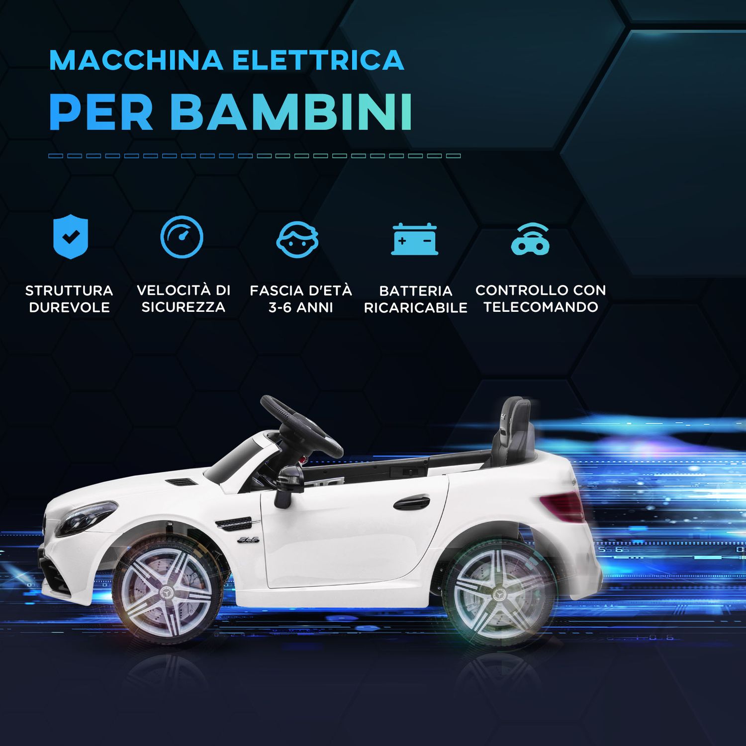 Macchina elettrica per bambini licenza mercedes slc 300 con telecomando, in pp e metallo, 107x62.5x44 cm, bianco - 