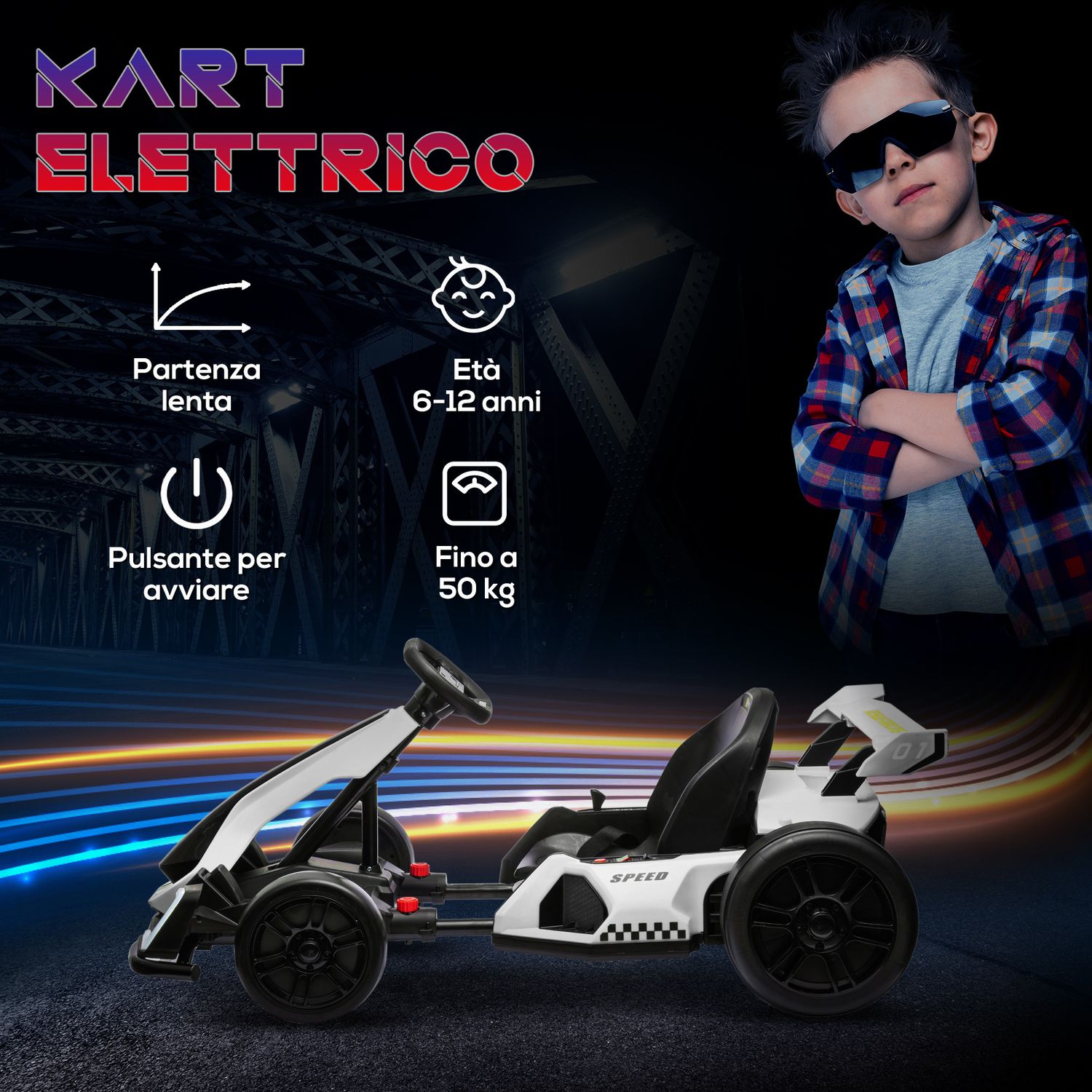 Go kart elettrico per bambini 6-12 anni 24v 12km/h con seggiolino regolabile, bianco - 