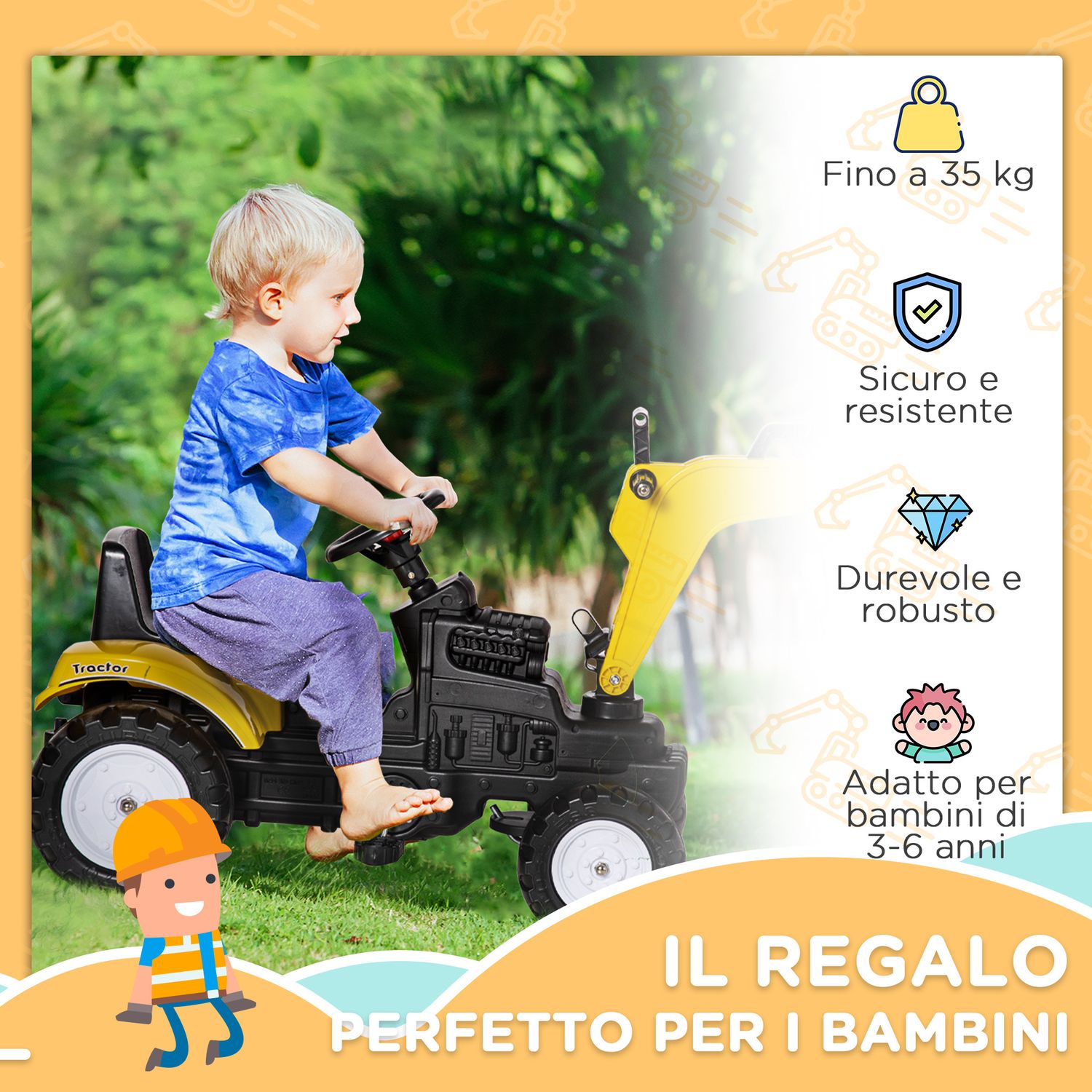 Ruspa giocattolo a pedali per bambini 3-6 anni con 6 ruote, in acciaio e plastica, 107x42x71 cm, giallo - 