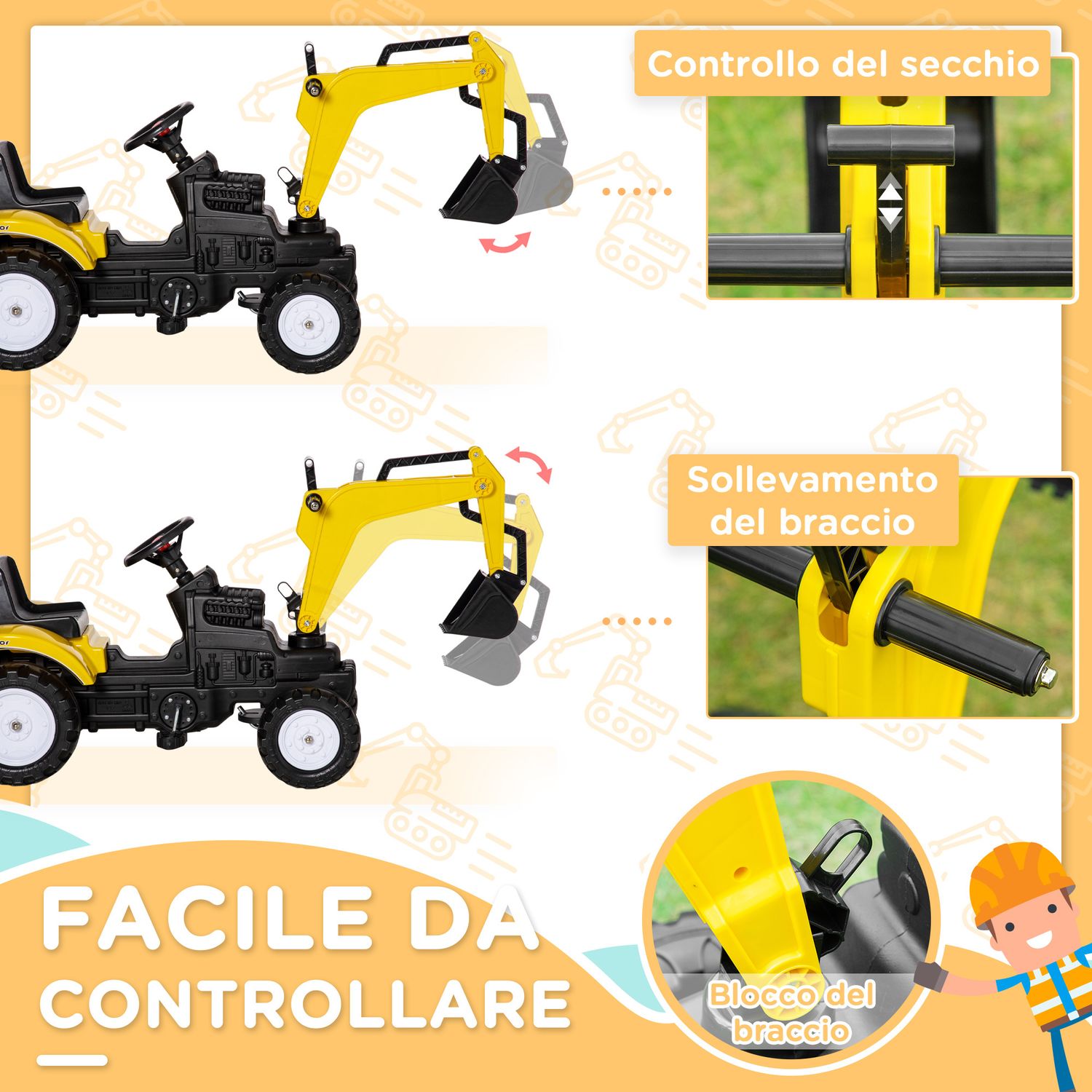 Ruspa giocattolo a pedali per bambini 3-6 anni con 6 ruote, in acciaio e plastica, 107x42x71 cm, giallo - 