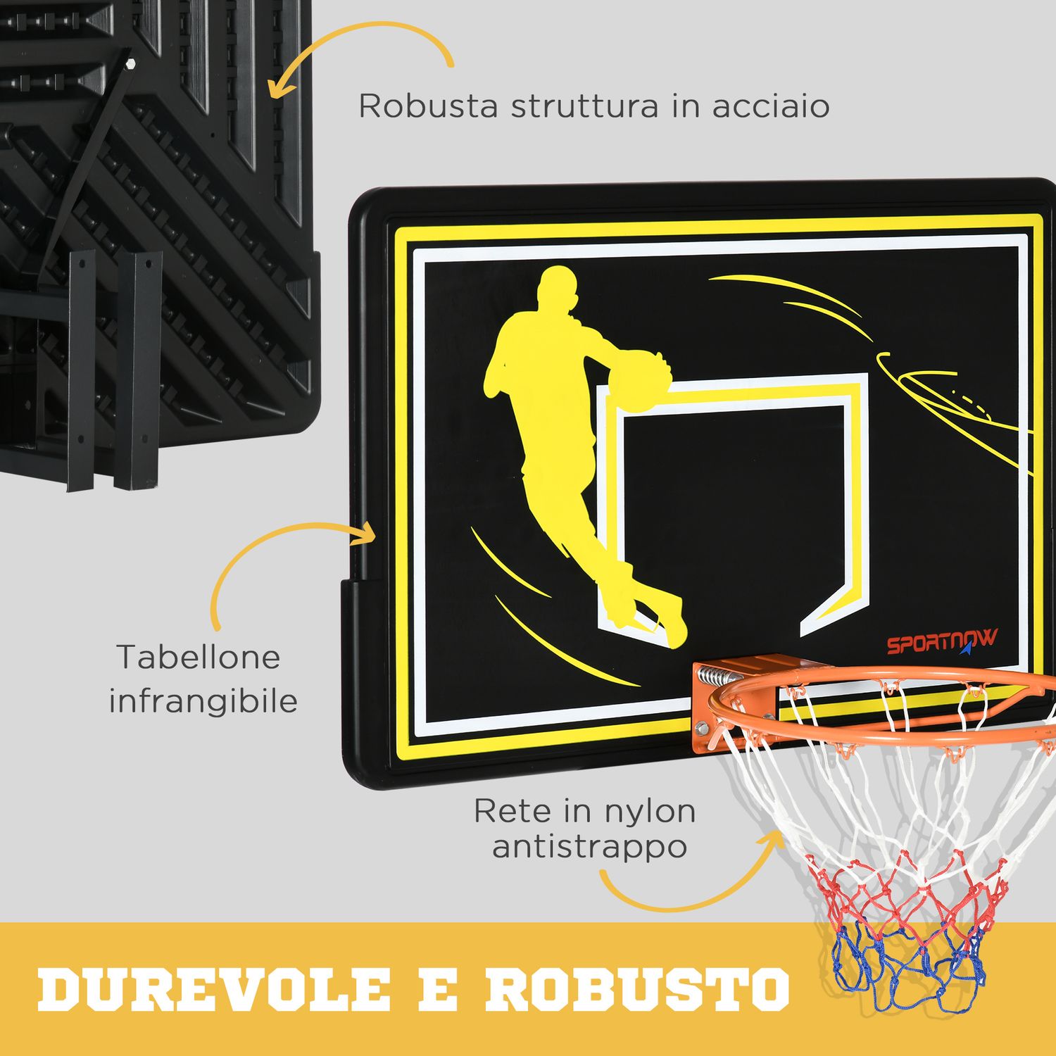 Canestro basket per bambini e adulti da indoor e outdoor in acciaio e pe, 110x90x70 cm, nero e giallo - 