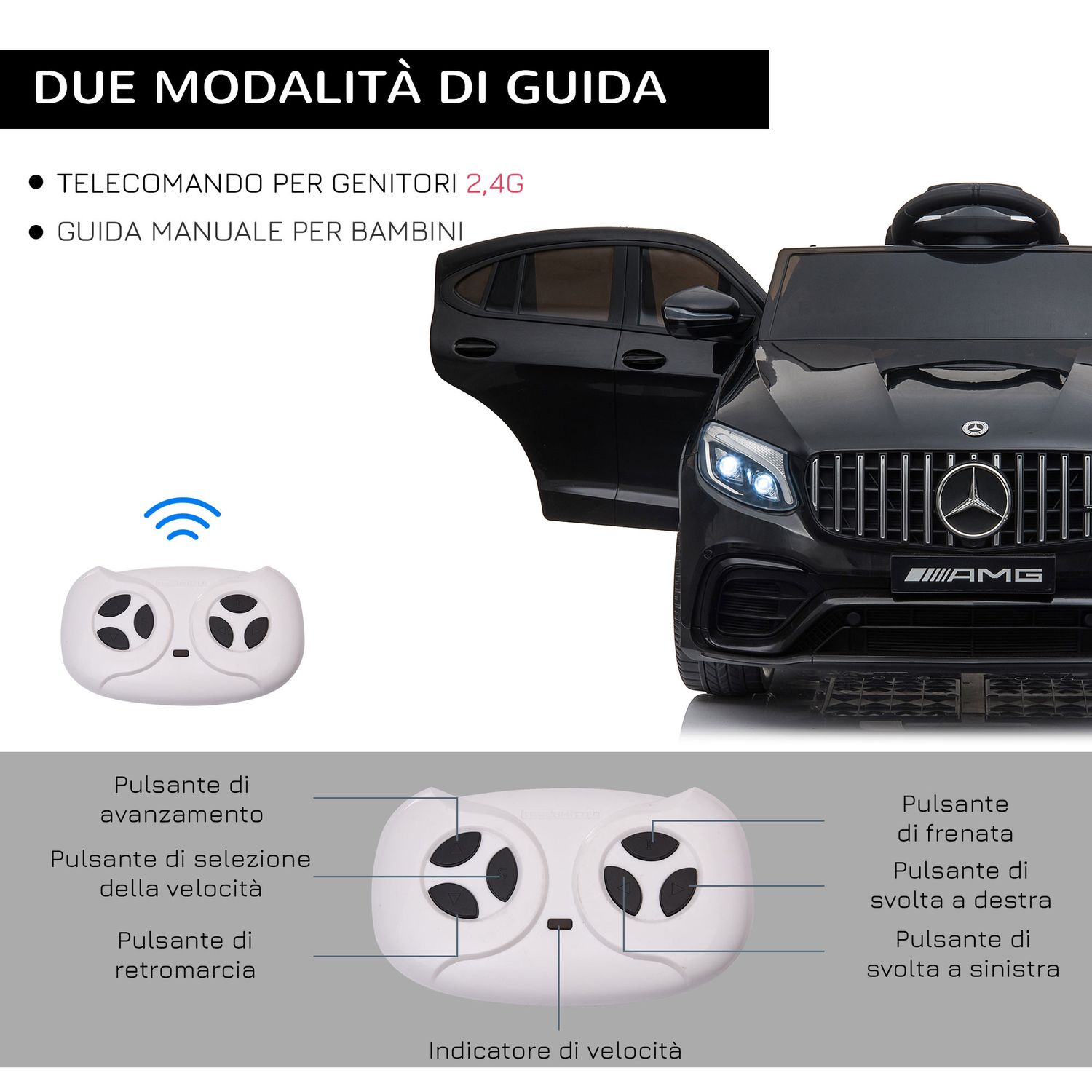 Macchina elettrica per bambini 3-5 anni mercedes con cintura di sicurezza e telecomando, nero - 