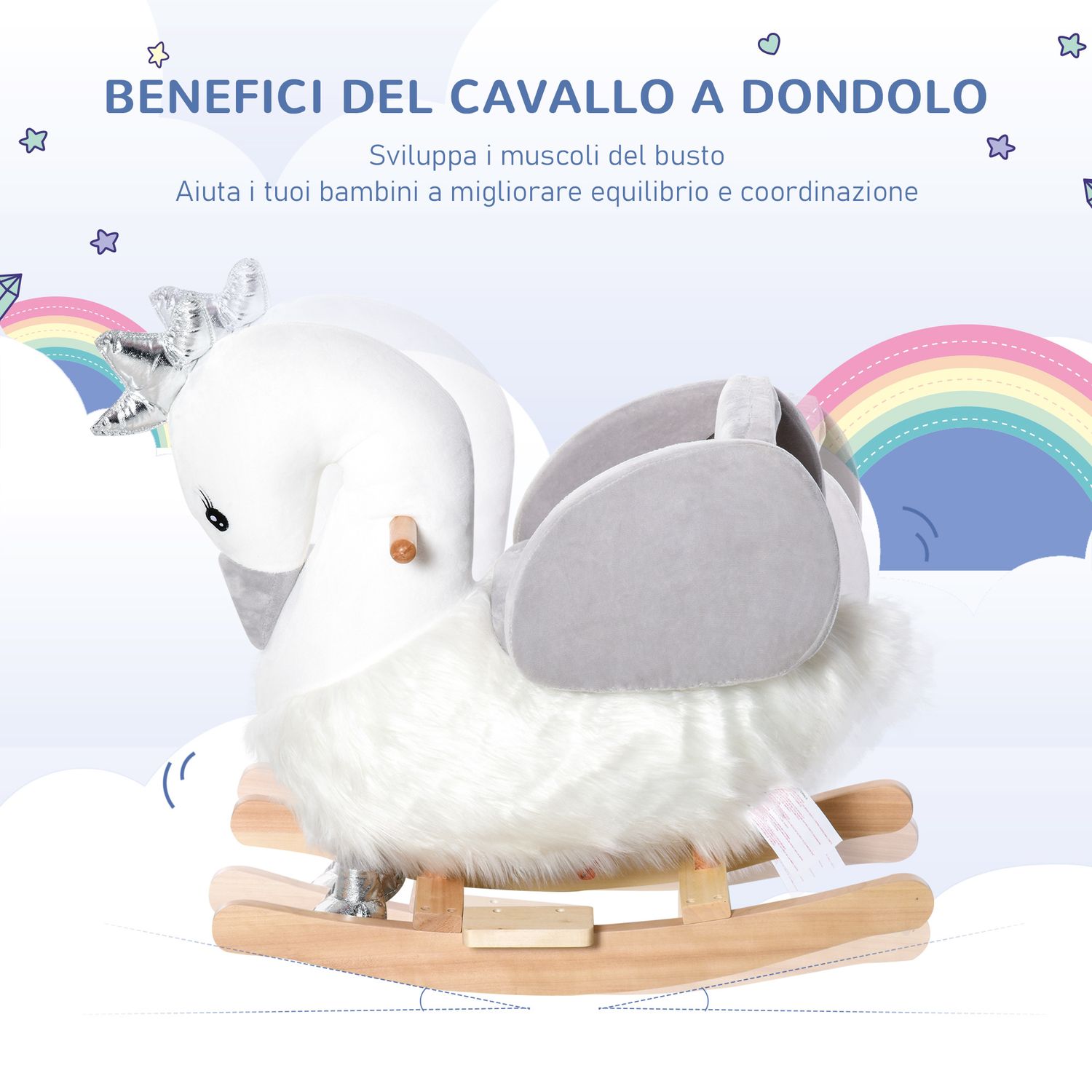 Cavallo a dondolo per bambini a forma di cigno, dondolo giocattolo cavalcabile per bambini 18-36 mesi  in legno di pioppo e peluche, bianco e grigio - 