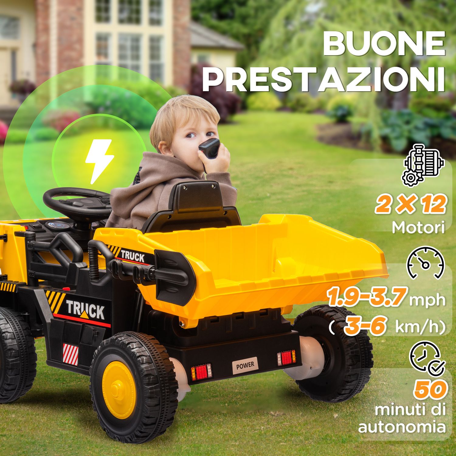 Camion per bambini 3-5 anni con motore 12v, macchina elettrica per bambini con musica e fari, giallo - 