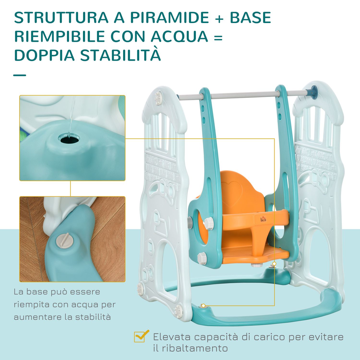 Scivolo 3 in 1 per bambini con altalena regolabile, canestro e palle per cameretta e giardino, 149x186x98cm, blu e arancione - 