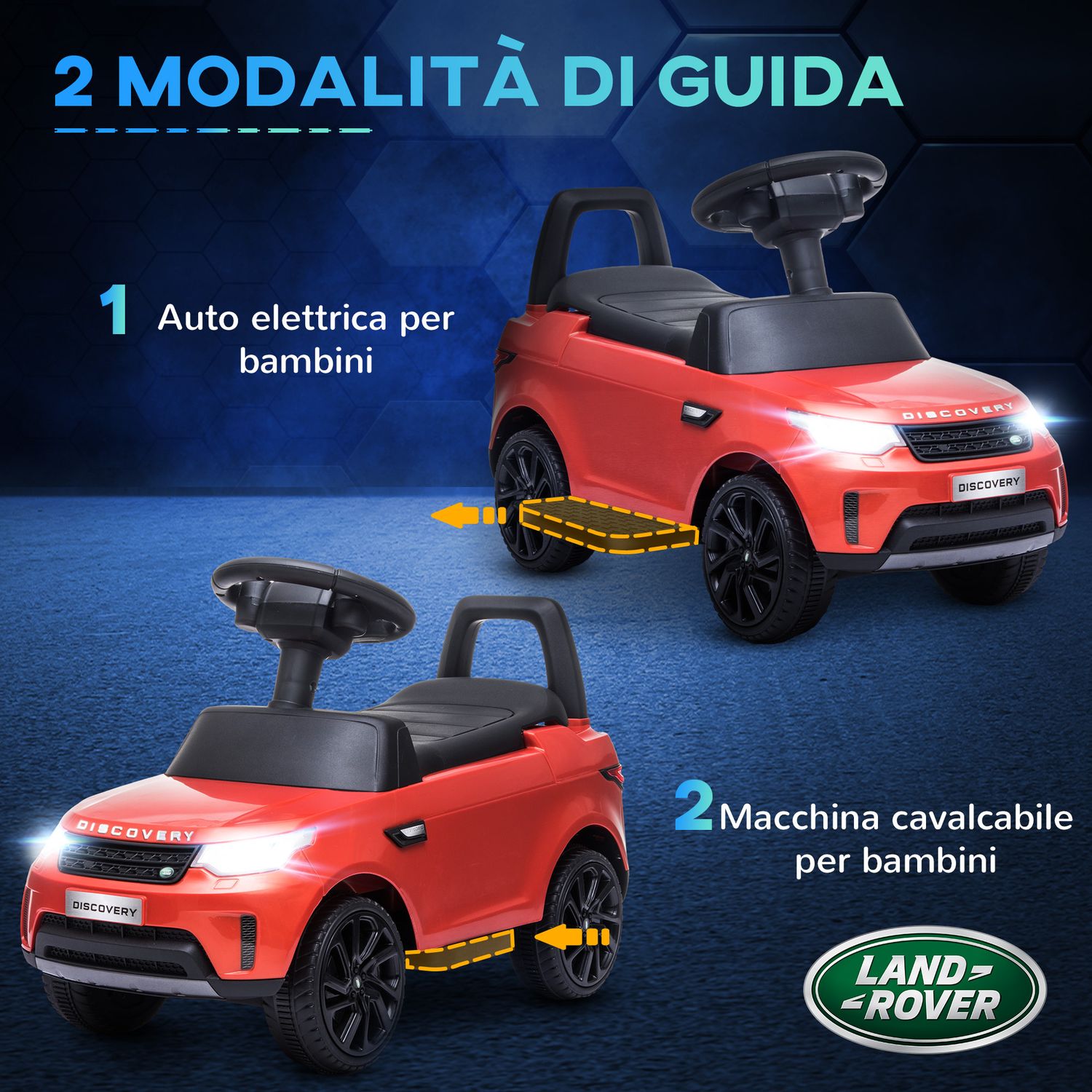 Macchina per bambini con licenza land rover 6v, funzionamento elettrico e a spinta, velocità 3km/h, rosso - 