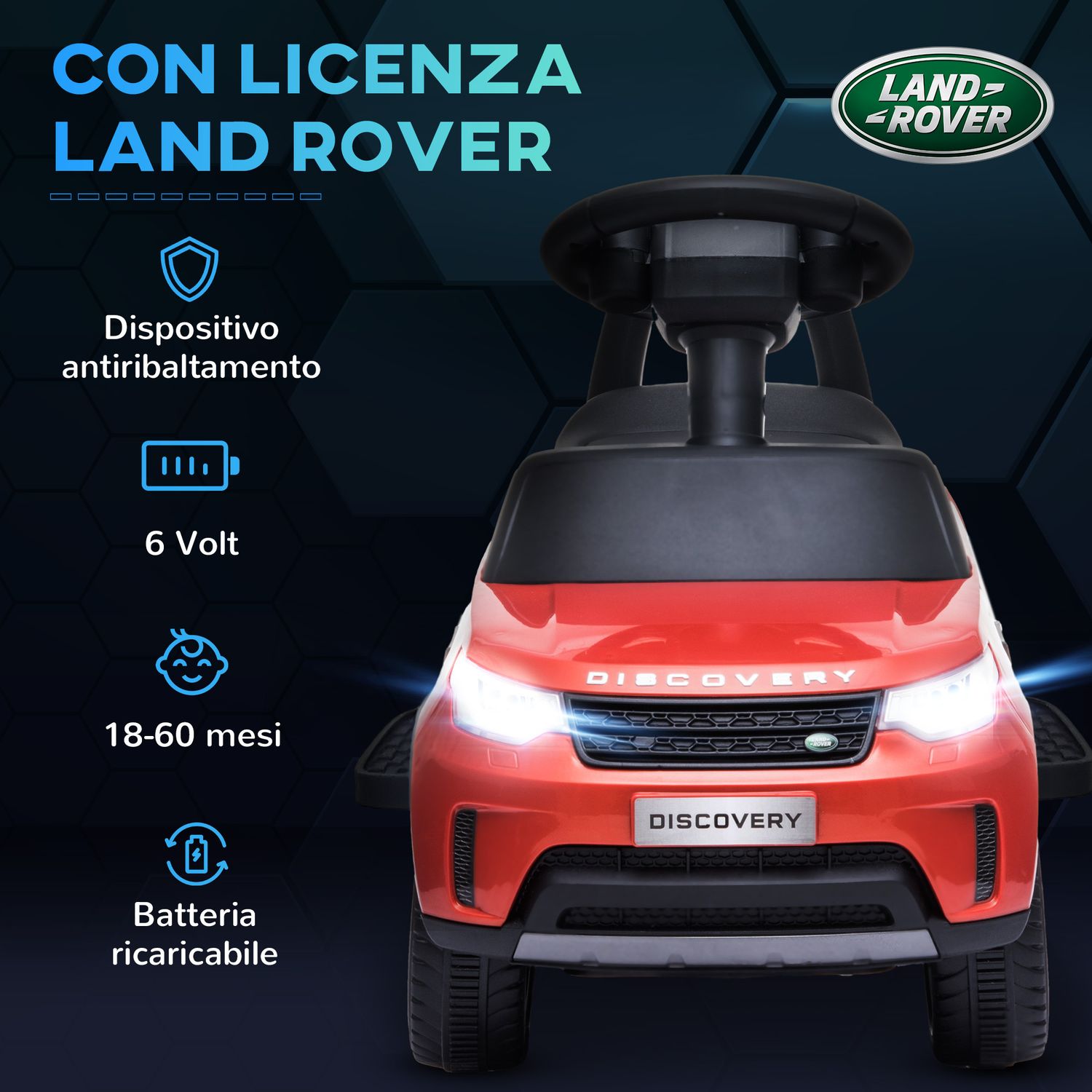 Macchina per bambini con licenza land rover 6v, funzionamento elettrico e a spinta, velocità 3km/h, rosso - 