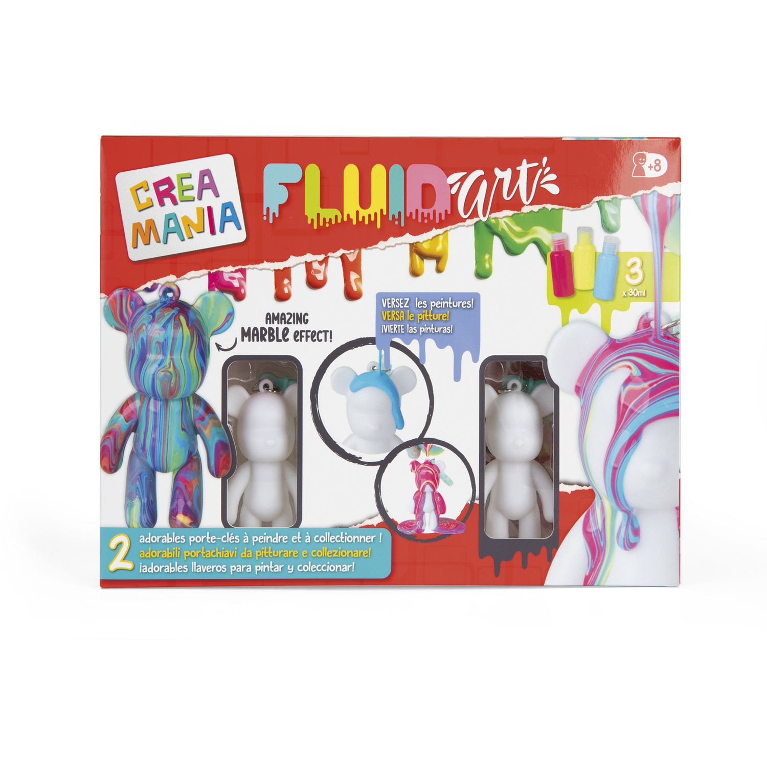 Fluid art kit portachiavi – 2 orsetti da decorare con colori acrilici - CREA MANIA