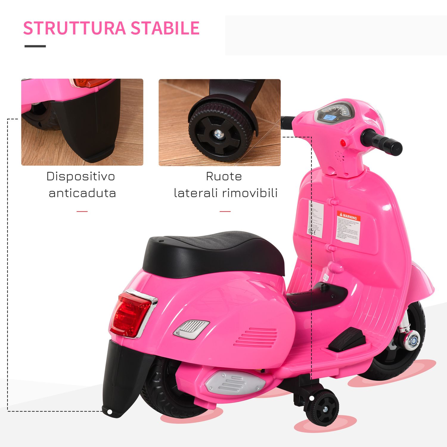 Moto elettrica per bambini con licenza ufficiale vespa batteria 6v, fari e clacson, per bimbi da 18-36 mesi, rosa, 66.5x38x52cm - 