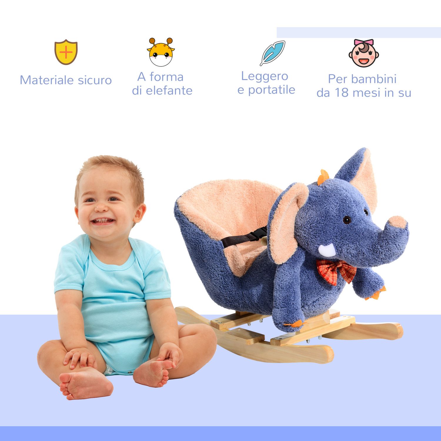 Cavallo a dondolo in legno elefante per i bambini 60x33x45cm - 