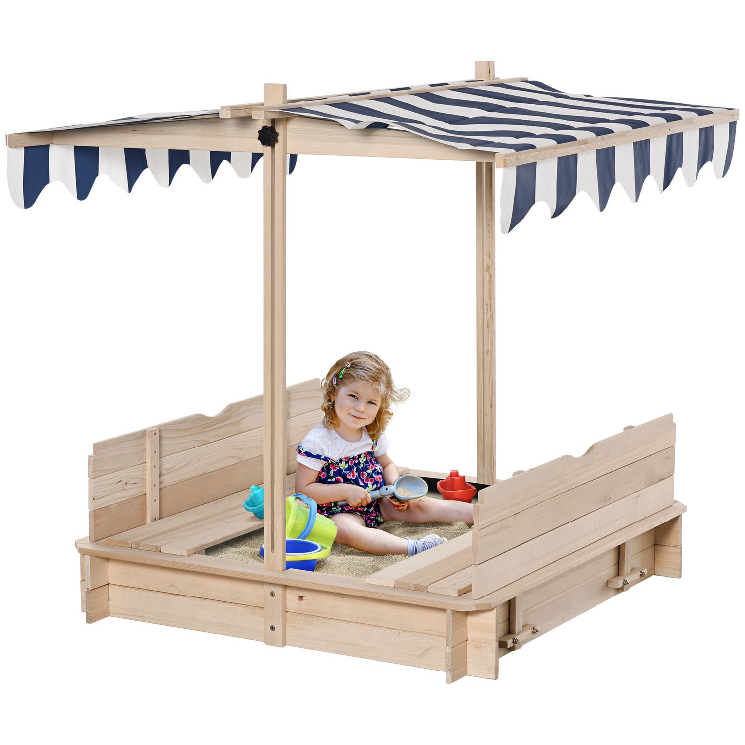 Sabbiera per bambini in legno con tettuccio parasole, panca e coperchio, 106x106x115 cm bianco e blu - 