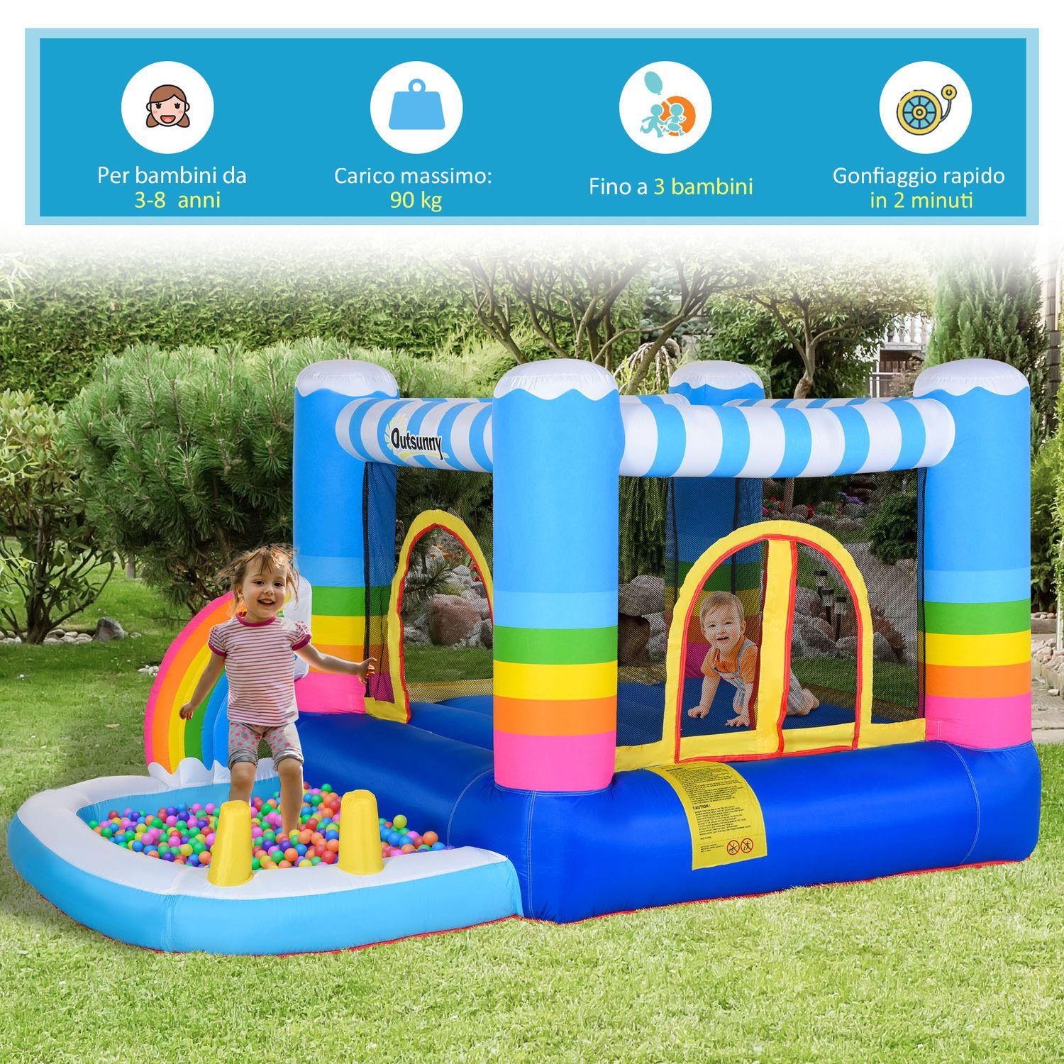 Castello gonfiabile per bambini con trampolino e piscina, pompa elettrica inclusa 280x170x155cm, multicolore - 
