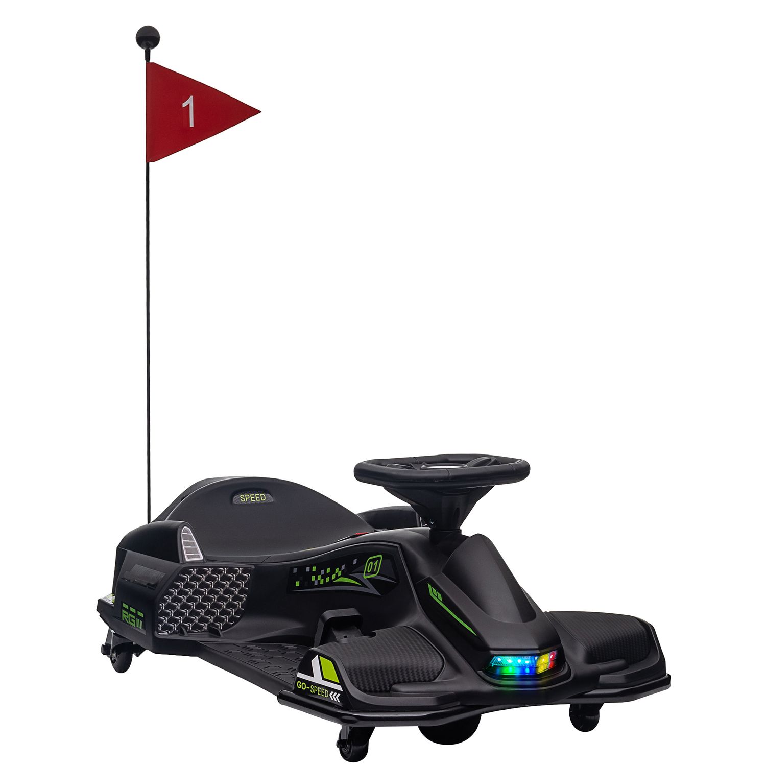 Go kart elettrico per bambini 8-12 anni velocità 3-8 km/h per drifting con luci e musica, nero - 